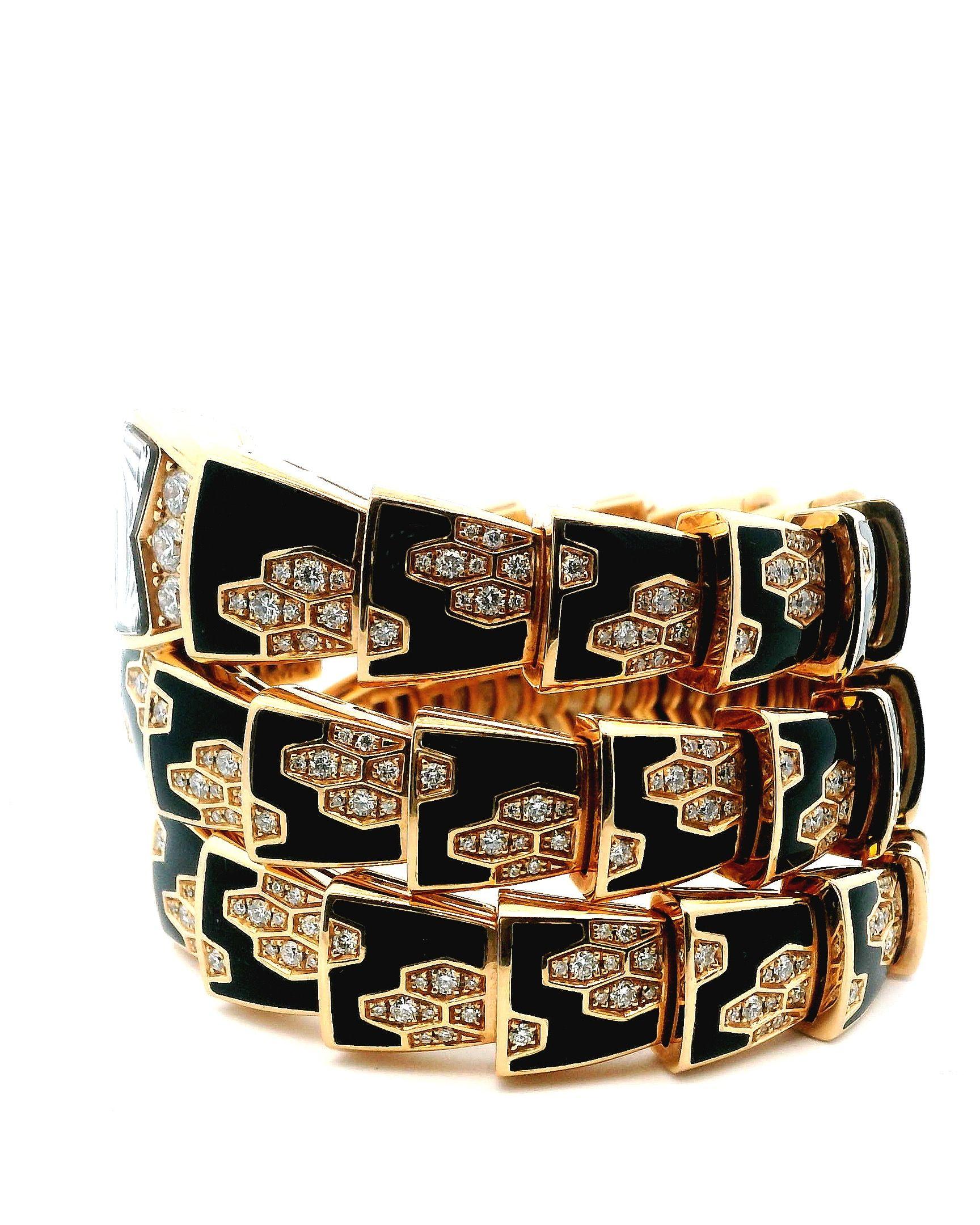 Bvlgari Serpenti SPP26G Bracelet tourbillonnant en or rose sur diamants et onyx en vente 2