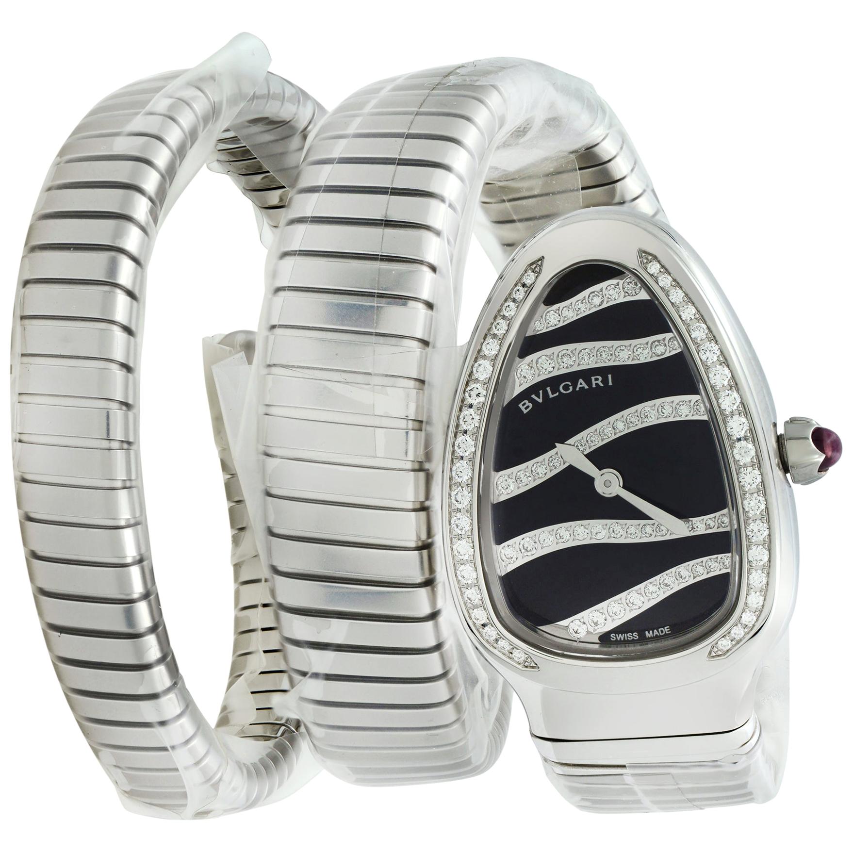 Bvlgari Serpenti Steel Diamond Black Lacquered Dial Quartz Ladies Watch  102441 at 1stDibs