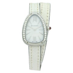 Bvlgari Montre Serpenti en acier, cuir et quartz blanc avec cadran et diamants, pour femmes 102781