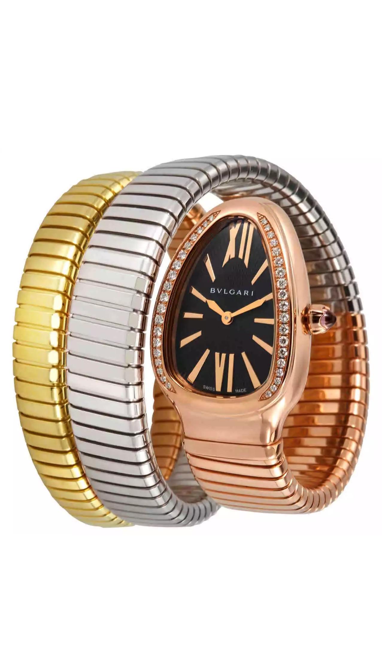 Taille brillant Bvlgari Serpenti Tubogas 102948 Montre pour femme à diamants trois tons en vente