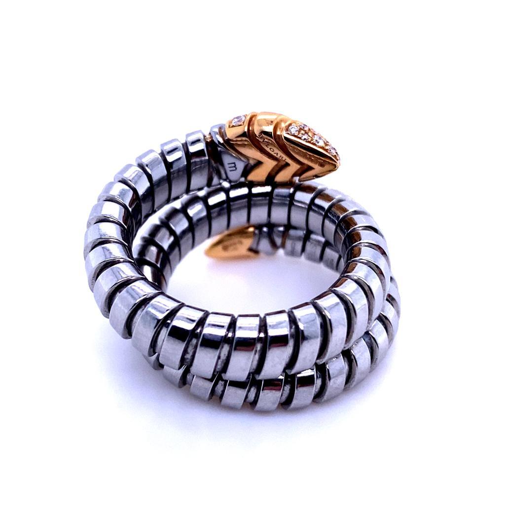 Bvlgari Serpenti Tubogas 18 Karat Rose Gold Steel Diamond Ring In Good Condition In London, GB