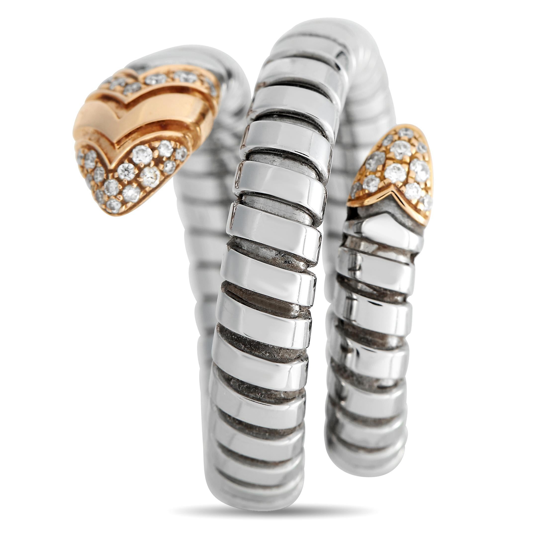 Meant to resemble the fluid shape of a serpent, this Bvlgari Serpenti Tubogas ring will continually capture your imagination. The Stainless Steel body wraps around the finger on this impressive accessory, which features a 10mm wide band and a 3mm