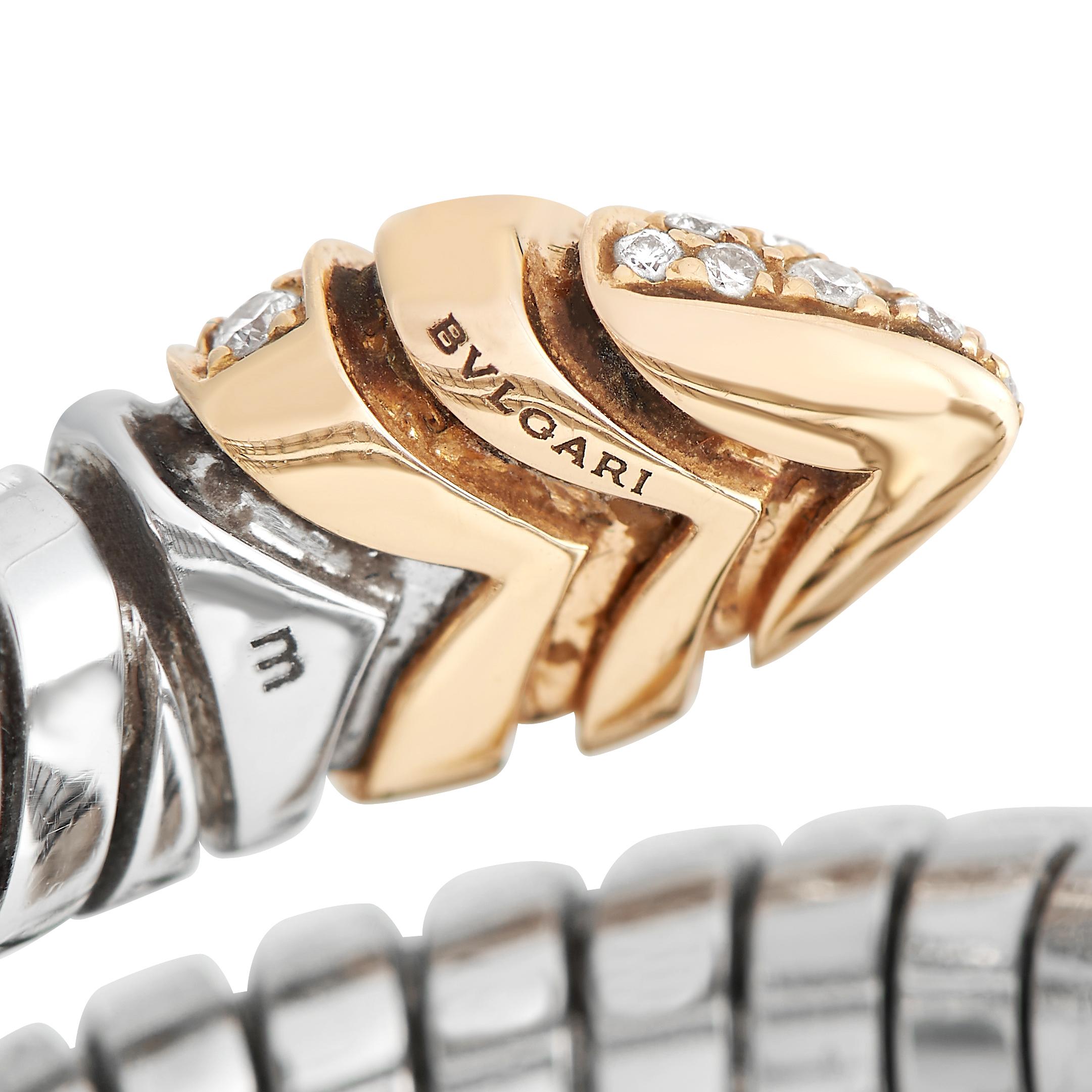 Bvlgari Serpenti Tubogas 18K Rose Gold and Stainless Steel Diamond Ring In Excellent Condition In Southampton, PA
