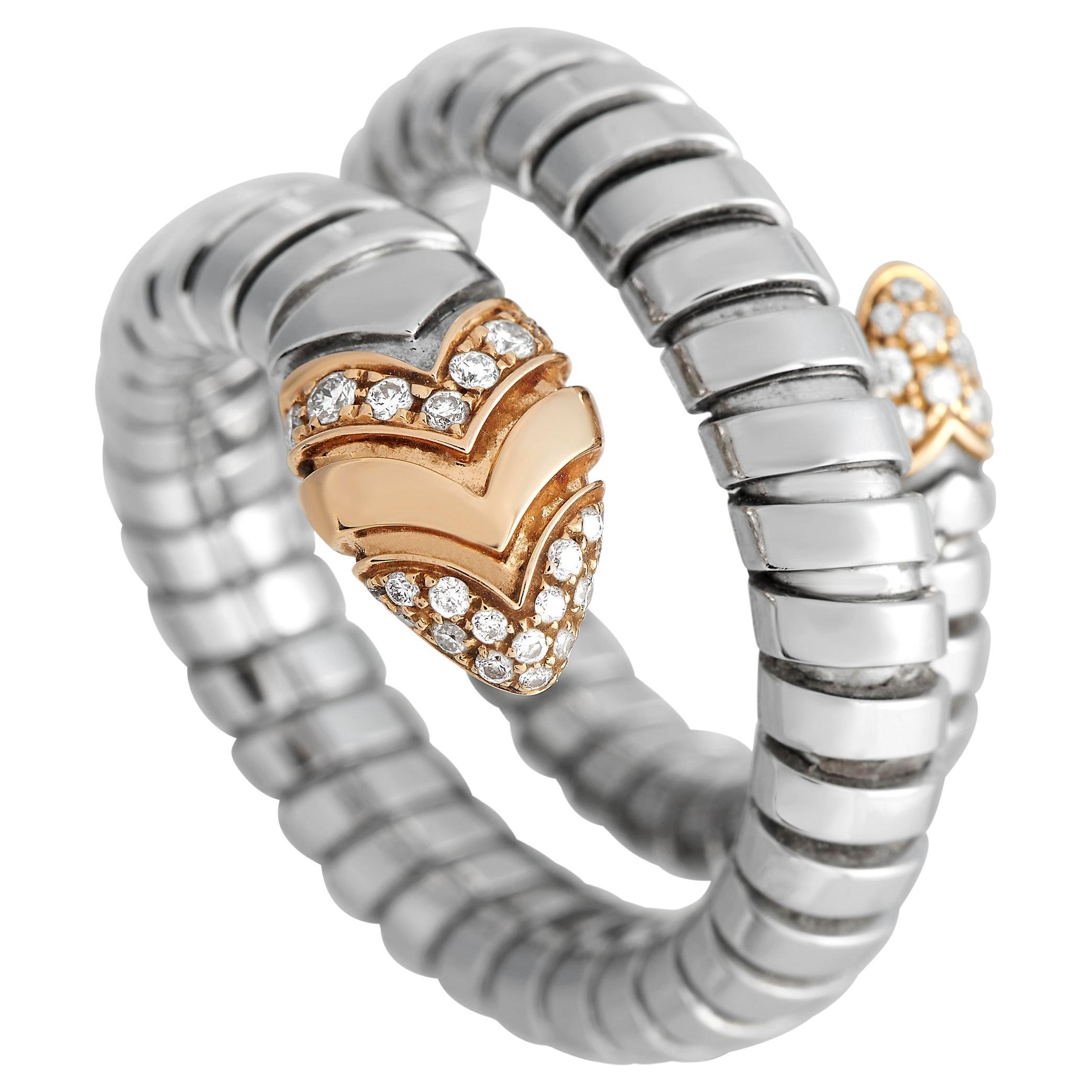 Bvlgari Serpenti Tubogas 18K Rose Gold and Stainless Steel Diamond Ring