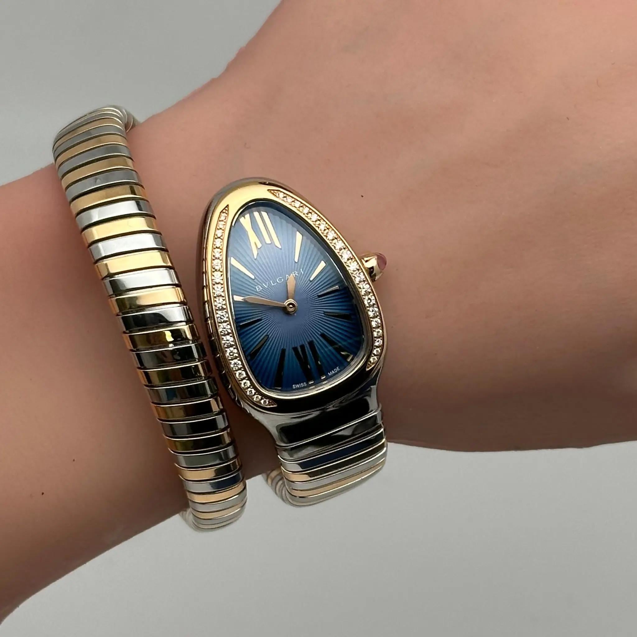 Women's NEW Bvlgari Serpenti Tubogas 18K Rose Gold Steel Diamond Blue Dial Watch 102984