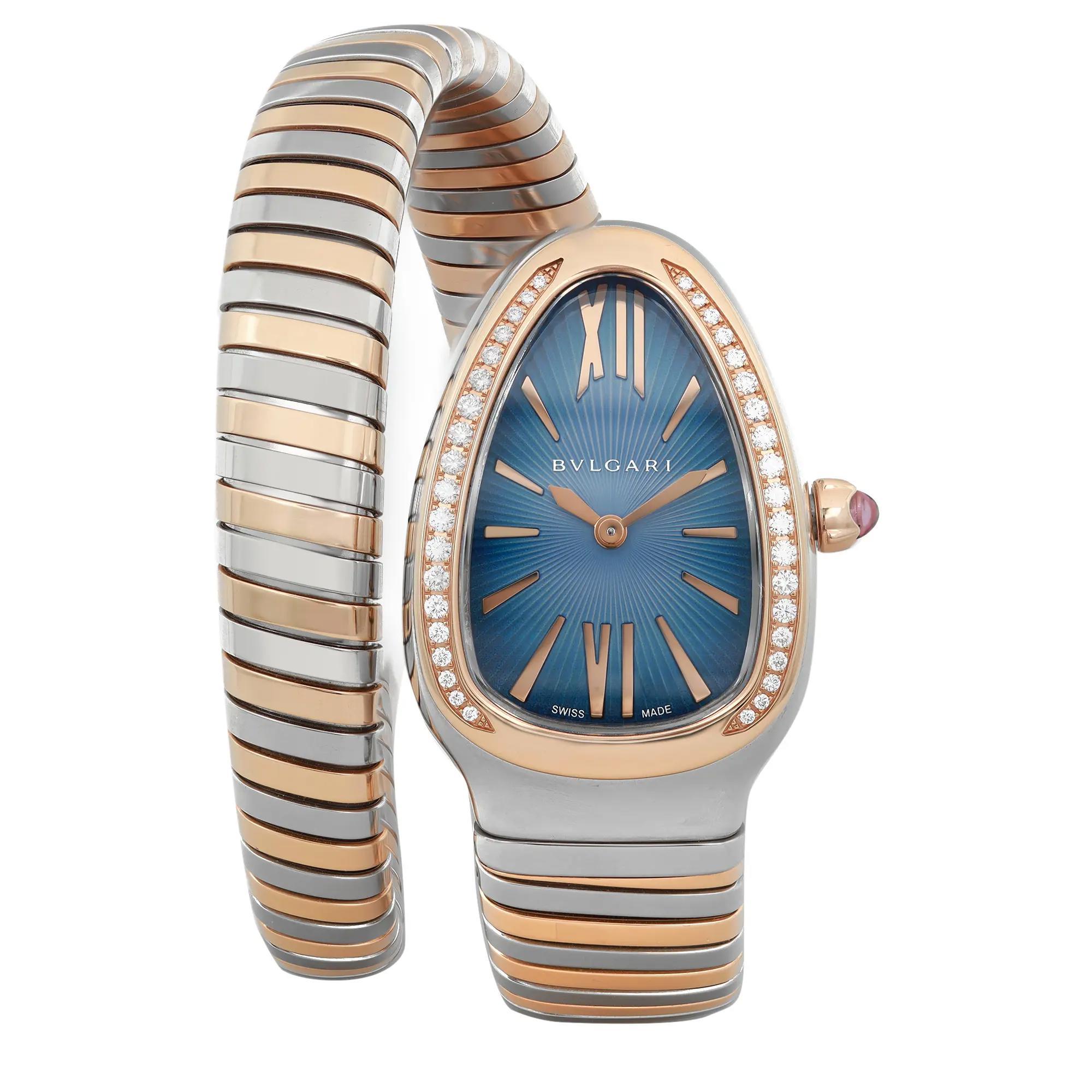 NEW Bvlgari Serpenti Tubogas 18K Rose Gold Steel Diamond Blue Dial Watch 102984