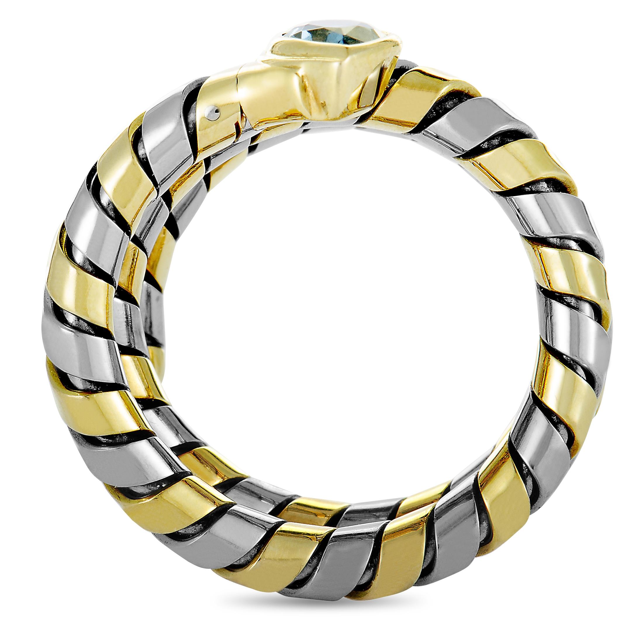 The Bvlgari “Serpenti” ring is made of 18K yellow gold and stainless steel and set with a topaz. The ring weighs 10.7 grams, boasting band thickness of 10 mm and top height of 4 mm, while top dimensions measure 7 by 8 mm.

This item is offered in