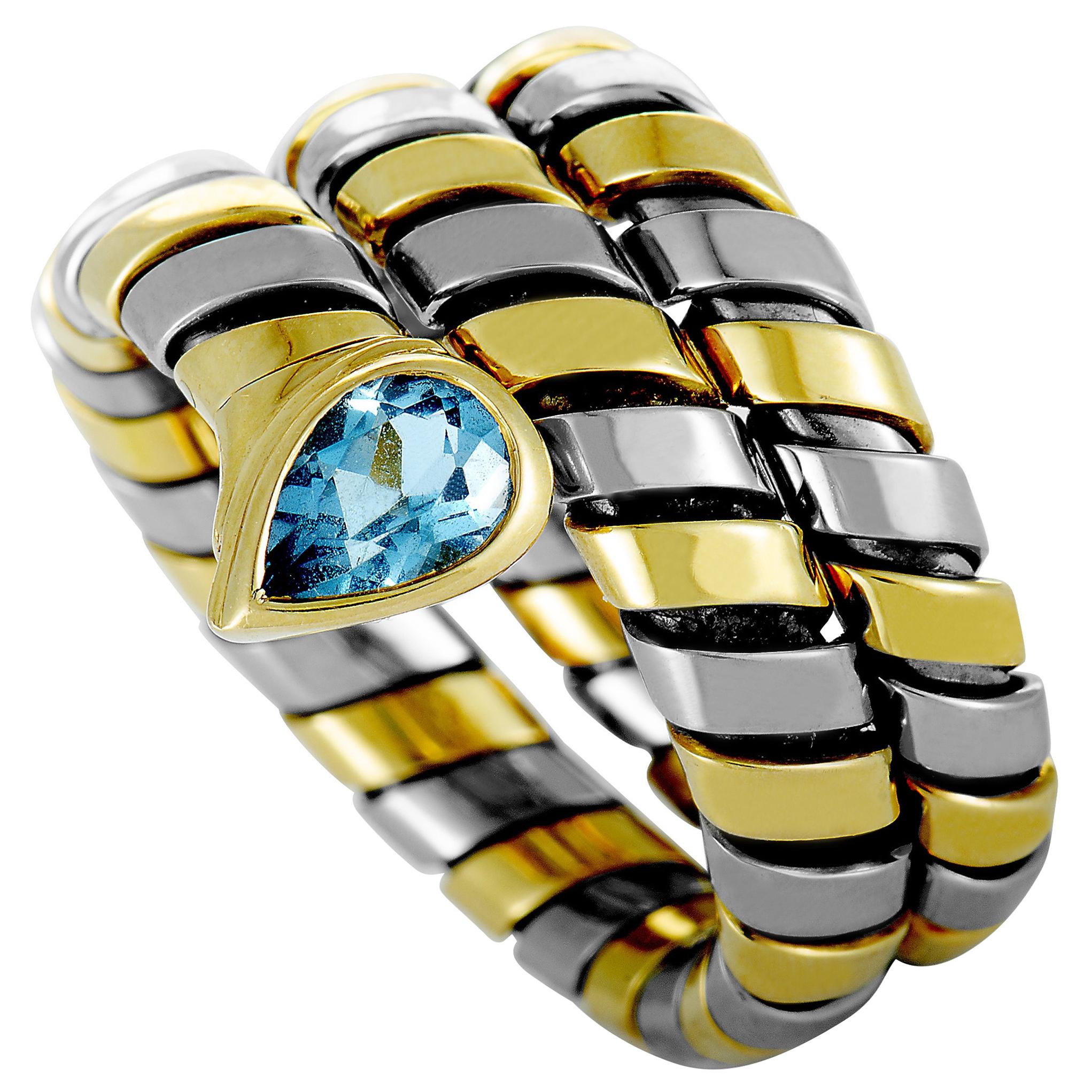 Bvlgari Serpenti Tubogas 18 Karat Gold and Stainless Steel Topaz Spiral Ring