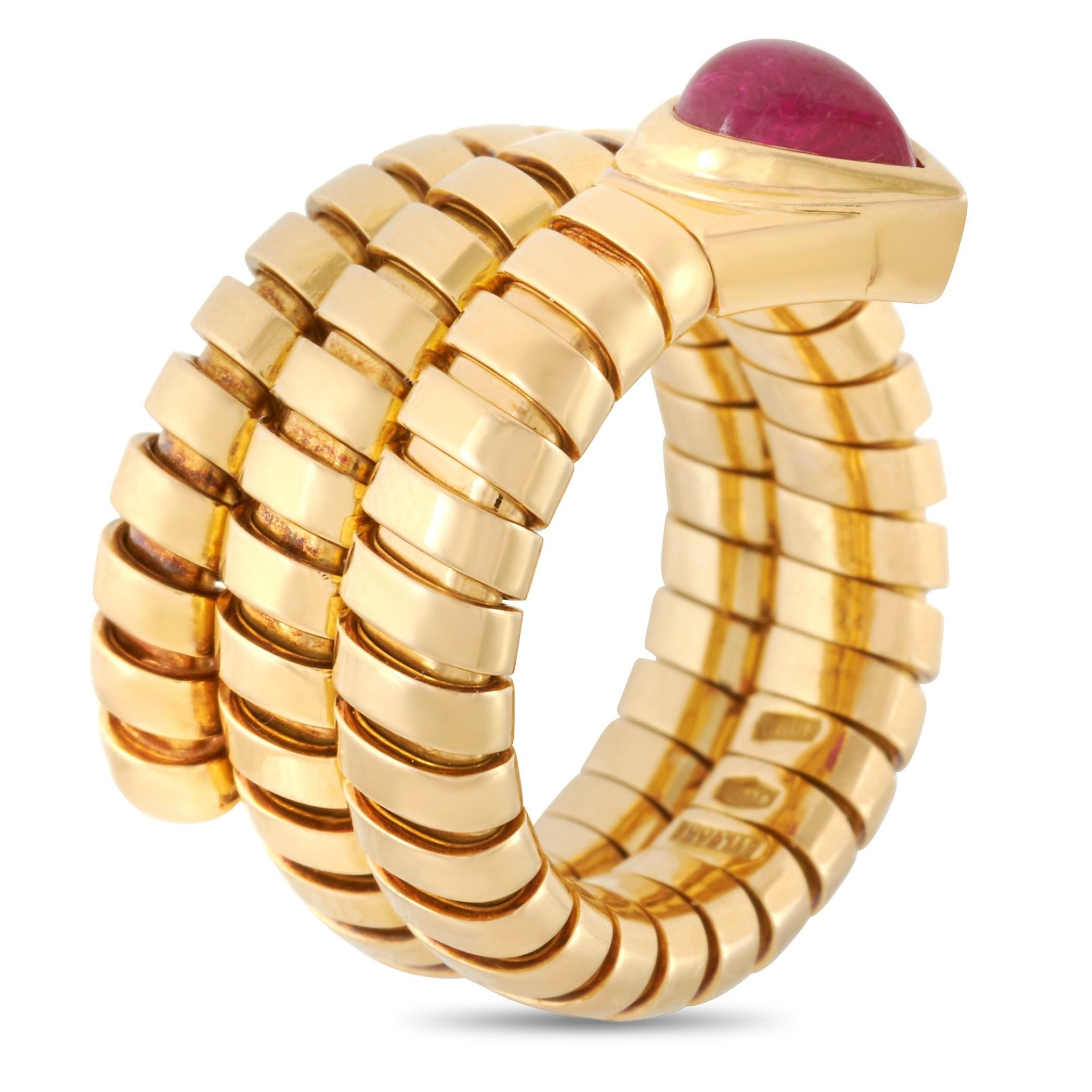 This Serpenti ring from BVLGARI is an extravagant piece that coils the contemporary soul of tubogas with the sinuosity of the snake. Depicting both the fluid shape of the serpent and the sensual curves of a woman, this ring has a tubular and