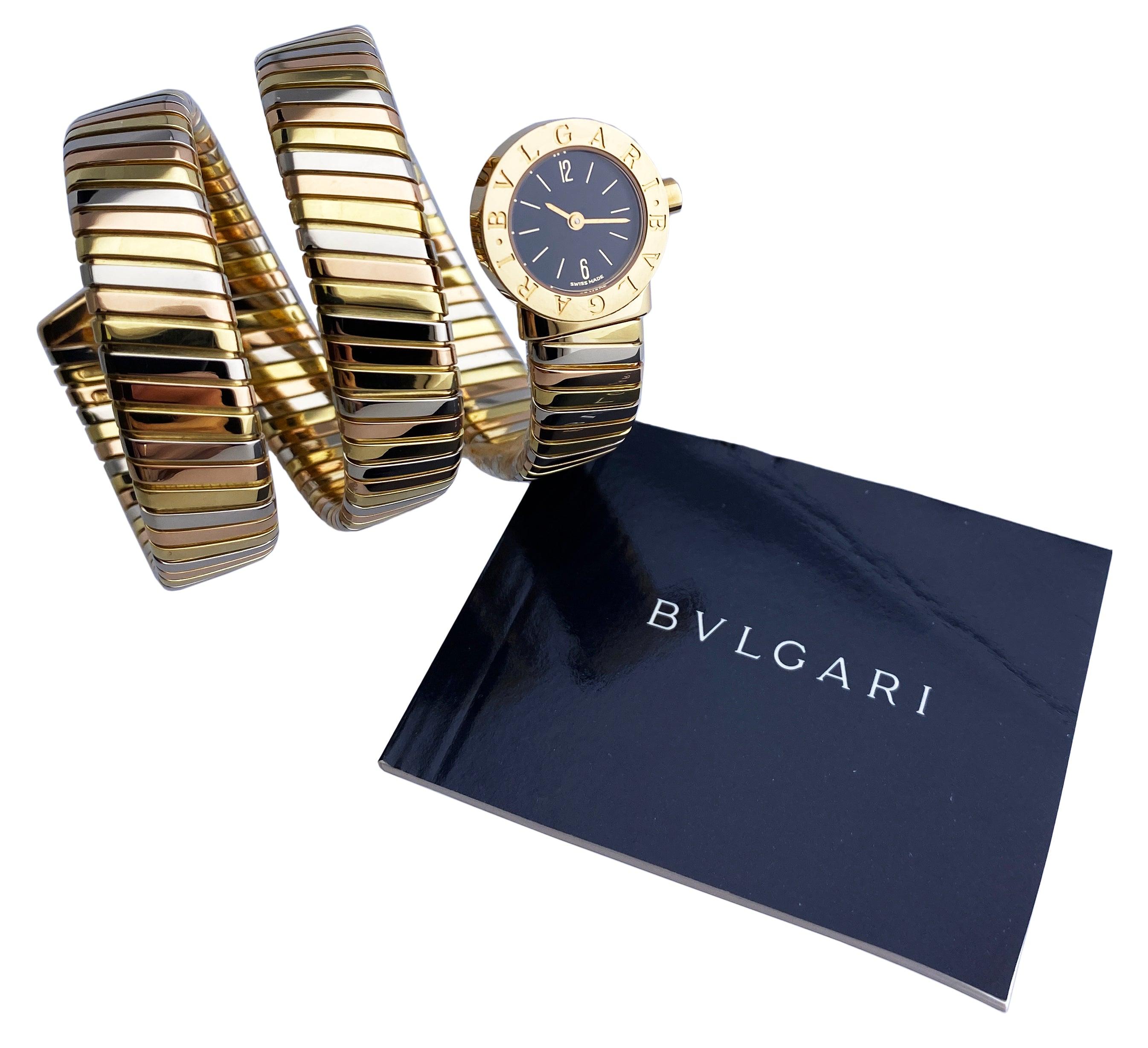 Bvlgari Serpenti Tubogas BB 19 1T Ladies Watch. 19mm 18K yellow gold case with 18K yellow gold bezel. Black dial with gold hands and Arabic numeral & index hour marker. 18K yellow gold, 18K white gold and 18K rose gold serpent snake bracelet. Will