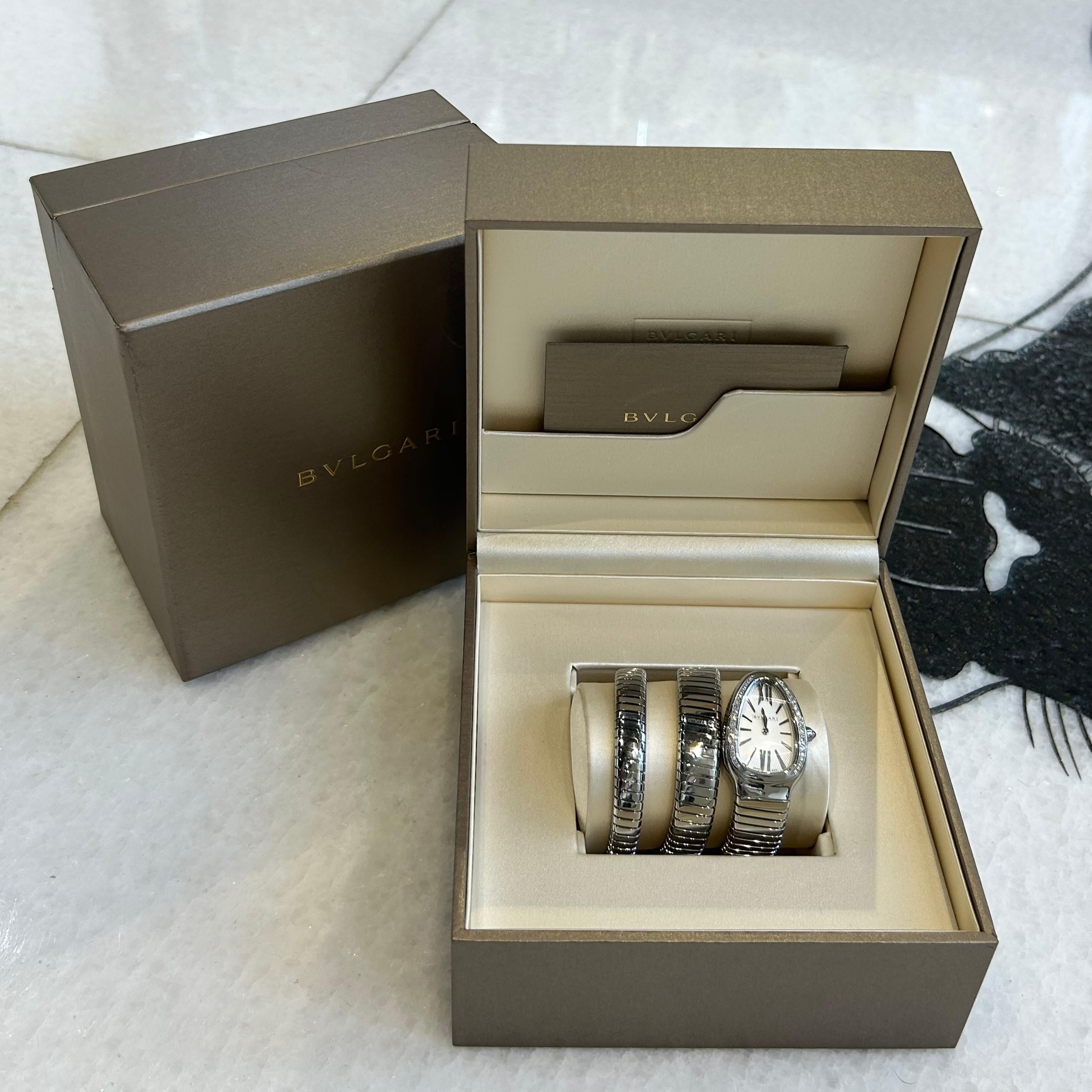 Round Cut Bvlgari Serpenti Tubogas Double Wrap Diamond Bezel Steel Watch