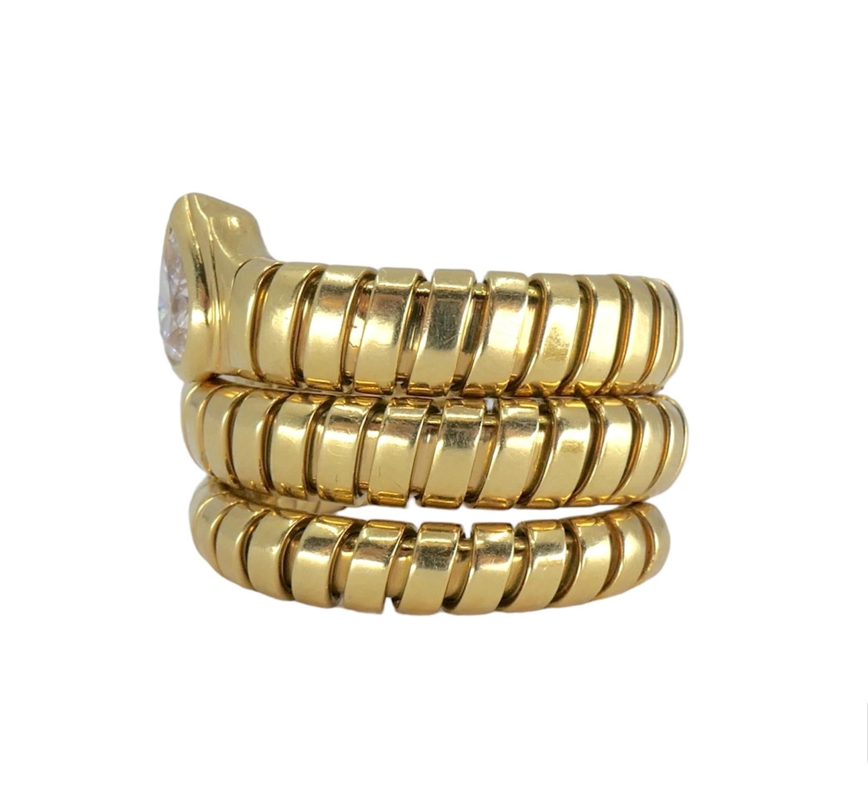 Pear Cut Bvlgari Serpenti Tubogas Gold Diamond Ring For Sale
