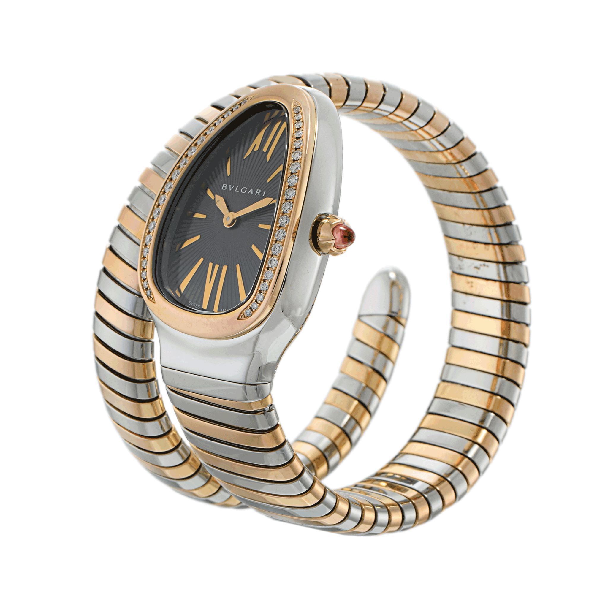 Orologio Bvlgari Serpenti Tubogas Lady usato con cassa curva in acciaio inossidabile da 35 mm, lunetta in oro rosa 18 kt con diamanti incastonati, corona in oro rosa 18 kt con rubellite rosa tagliata a cabochon, quadrante grigio opalino con