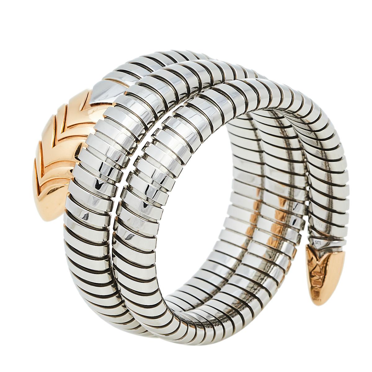 Contemporary Bvlgari Serpenti Tubogas Stainless Steel 18K Rose Gold Double Spiral Bracelet SM