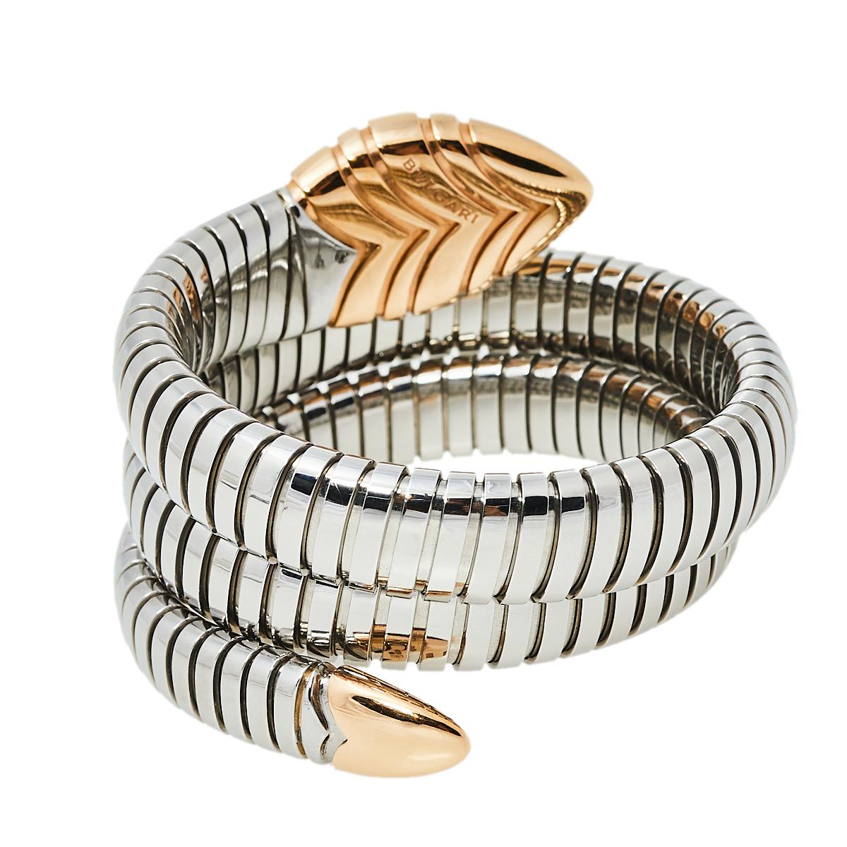 Bvlgari Serpenti Tubogas Stainless Steel 18K Rose Gold Double Spiral Bracelet SM 1