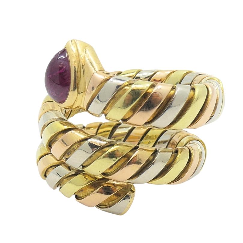 Bvlgari Serpenti Tubogas Tricolor 18k Gold Ruby Ring In Good Condition In Beverly Hills, CA