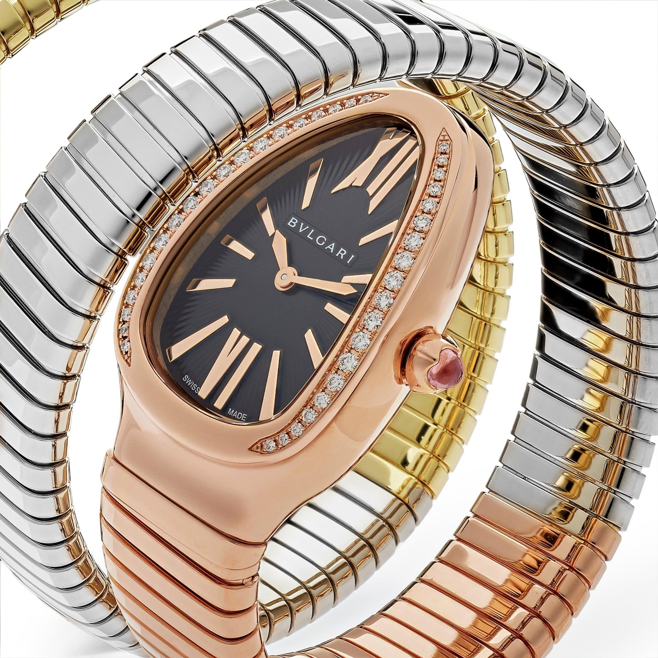 Reloj BVLGARI Serpenti Tubogas 102948 Bisel tricolor con doble espiral de diamantes en Nuevo estado para la venta en New York, NY