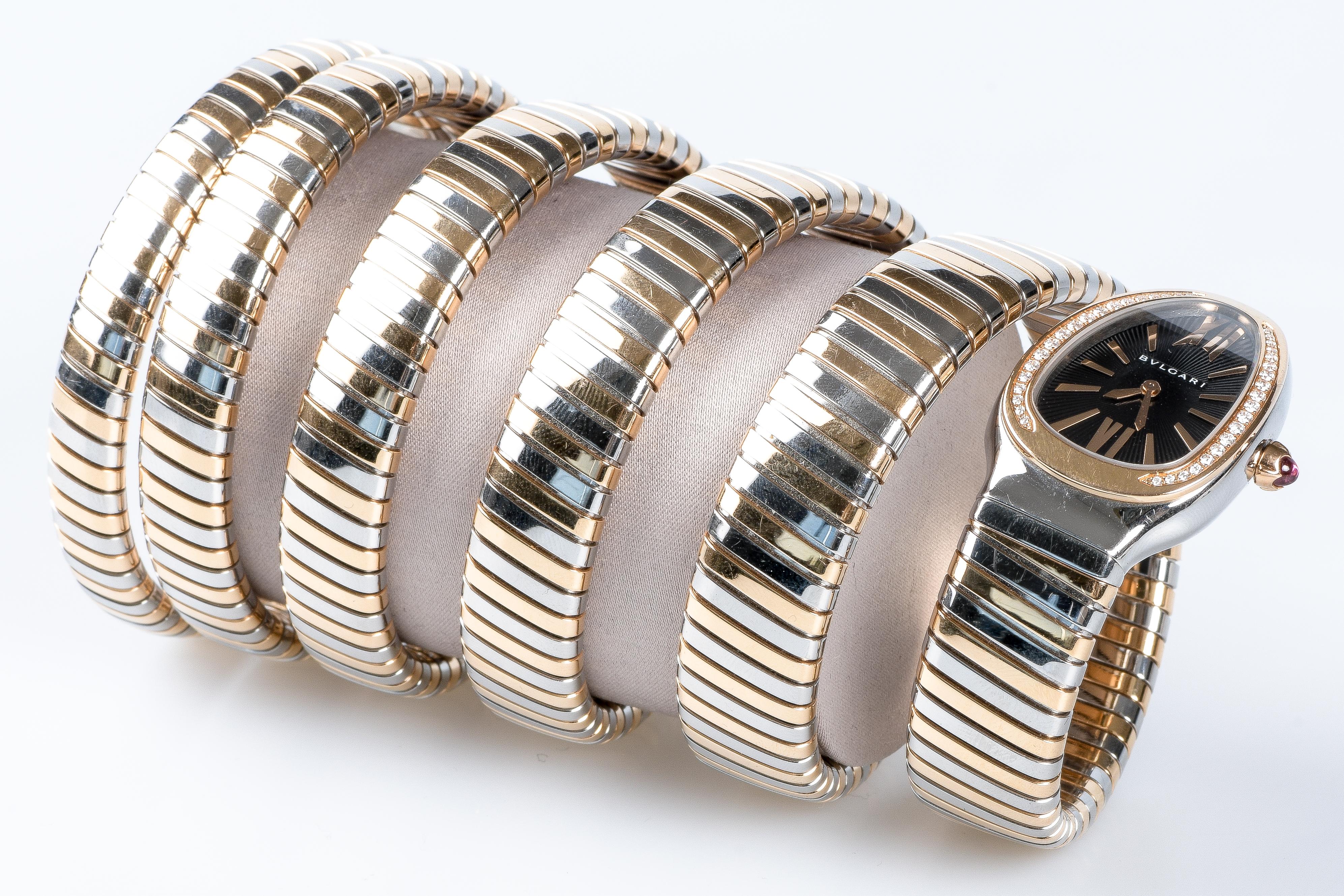 Round Cut BVLGARI SERPENTI TUBOGAS watch in 18-carat pink gold with 5 flexible spirals