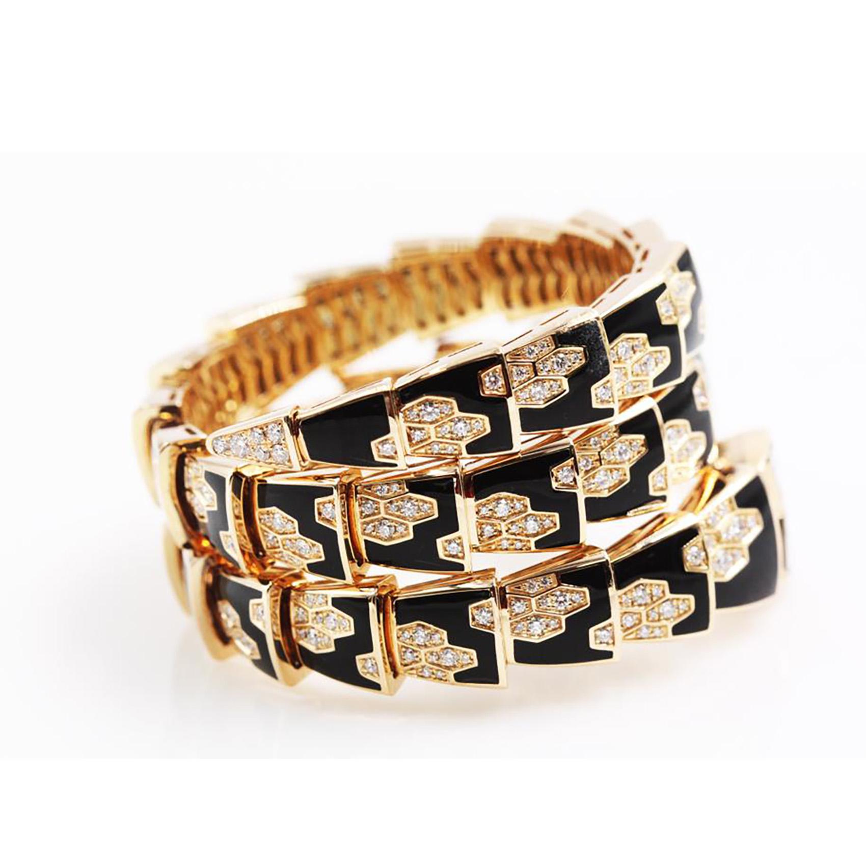 Bvlgari Serpenti Two-Row Diamond Onyx Rose Gold Swirl Jewelry Scaglie Watch In Excellent Condition In Miami, FL