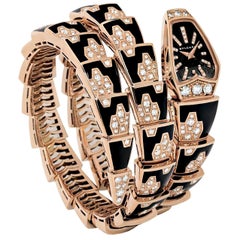 Bvlgari Serpenti Two-Row Diamond Onyx Rose Gold Swirl Jewelry Scaglie Watch