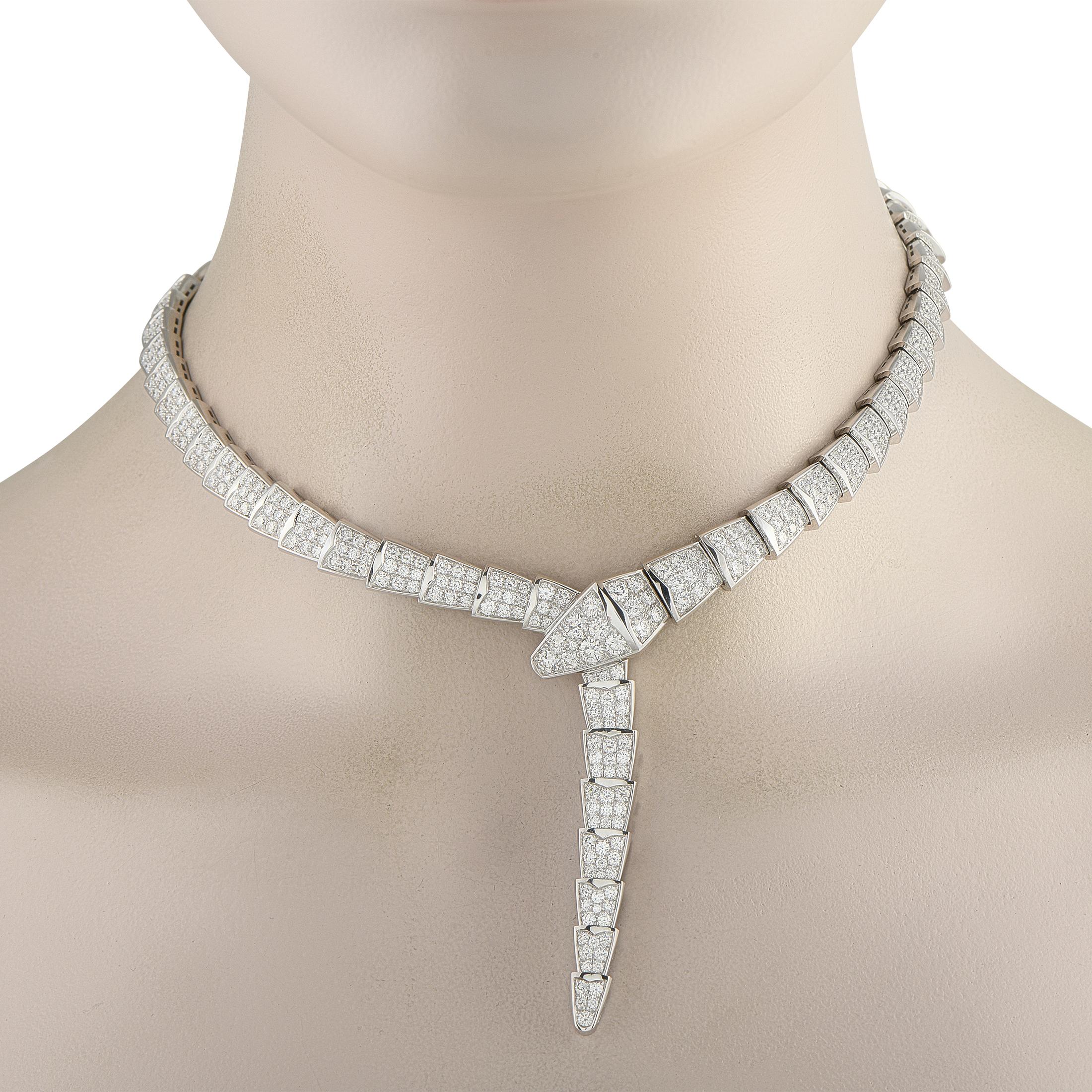 This Bvlgari Serpenti Viper necklace is incredibly enchanting. The luxury brand’s iconic snake motif features 18K White Gold scales that coil around the neck. Full pavé Diamonds allow it to effortlessly catch the light and add sparkle to every