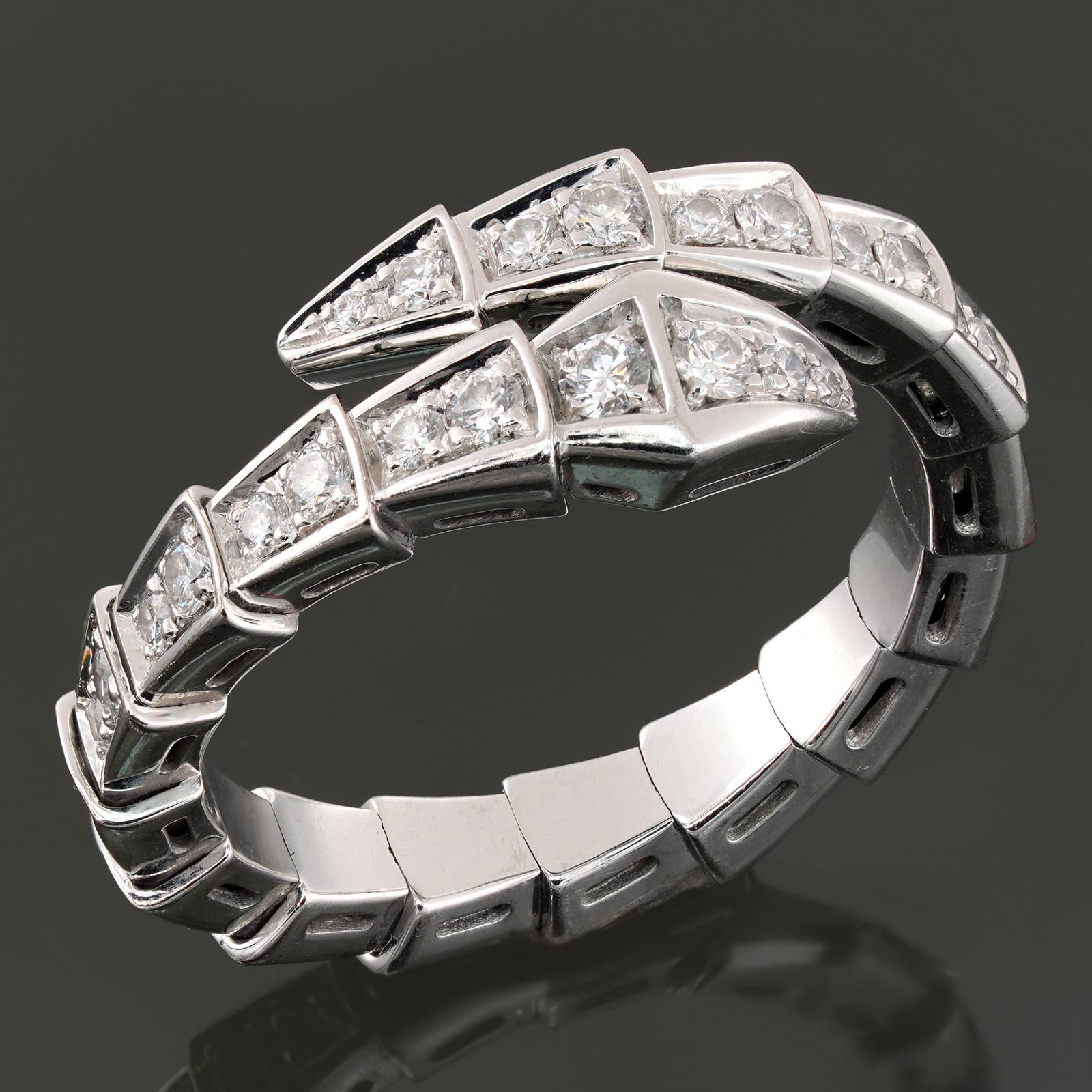 This gorgeous Bvlgari ring from the iconic Serpenti Viper collection features a double-row design crafted in 18k white gold and pave-set with brilliant-cut round D-E-F VVS1-VVS2 diamonds. The ring is flexible from sizes 6 3/4 to 7 3/4. Made in Italy