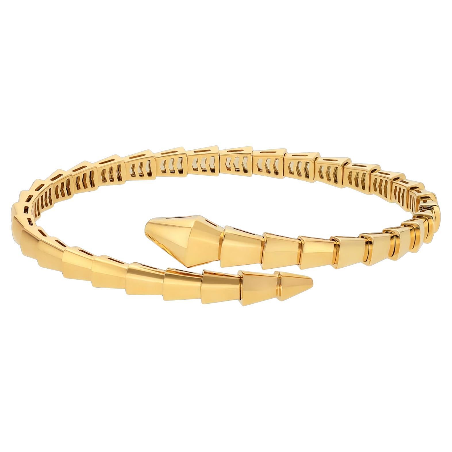 Beautiful bracelet by famed designer Bulgari. The bracelet is  the Serpenti Viper one-coil bracelet in 18k yellow gold. This bracelet is not only iconic to the brand, it is the most popular ladies fashion item out today! 
This bracelet wraps the