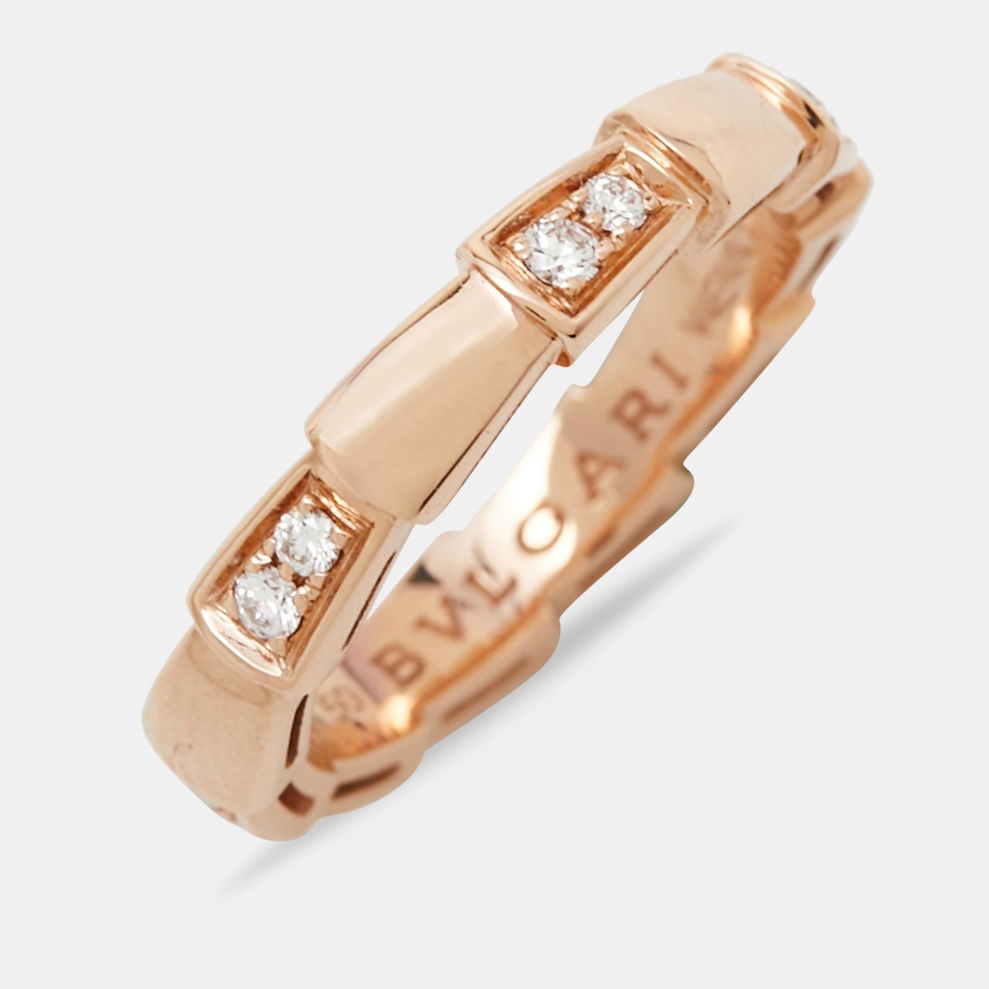 Bvlgari Serpenti Viper Diamond 18k Rose Gold Band Ring Size 50 In Excellent Condition In Dubai, Al Qouz 2