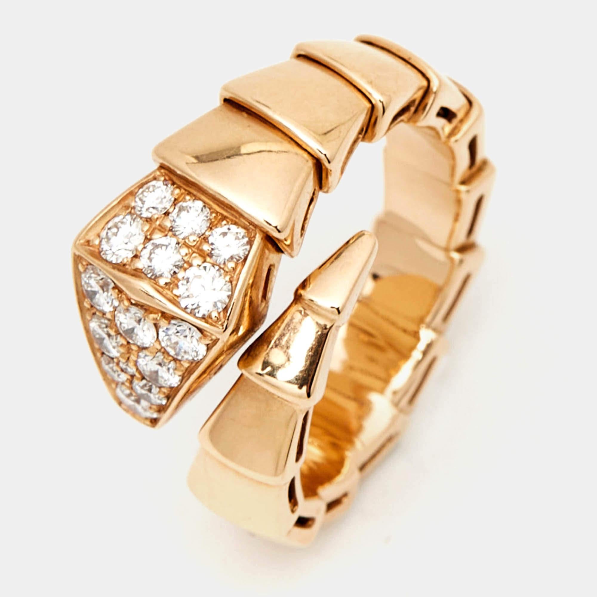 Bvlgari Serpenti Viper Diamond 18k Rose Gold Ring SIze 51 In Fair Condition In Dubai, Al Qouz 2