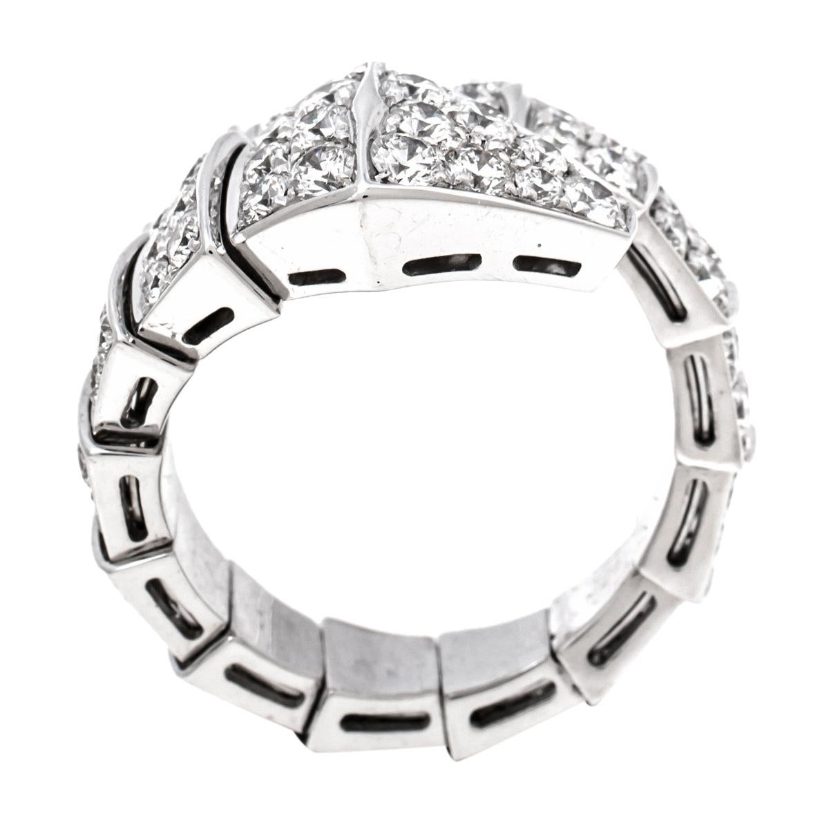 Inspired by the viper’s spiral movements, this stunning Bvlgari Serpenti Viper ring will wrap sensually around your finger. Distinguished by the alluring beauty of the viper's scales, this 18K white gold ring highlights the entire design with
