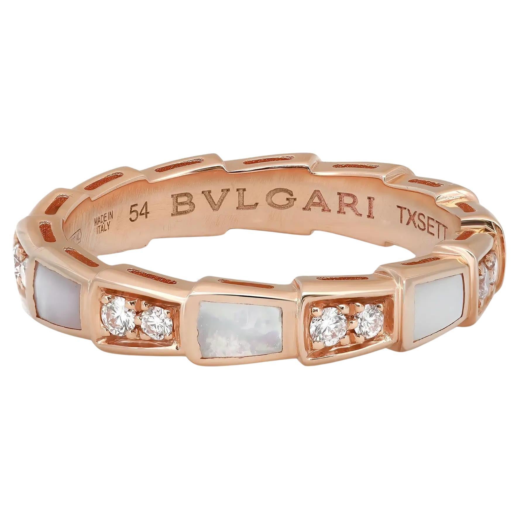 Bvlgari Serpenti Viper Diamond & Mother Of Pearl Band Ring 18K Rose Gold 54 US 7 For Sale