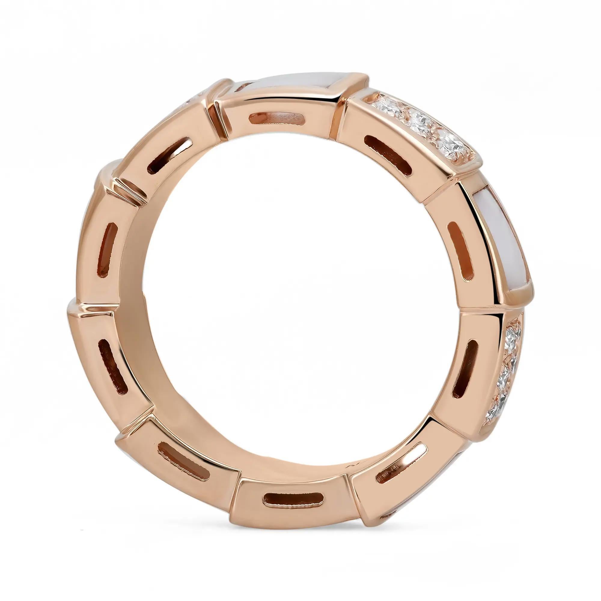 Modern Bvlgari Serpenti Viper Diamond & Mother Of Pearl Band Ring 18K Rose Gold SZ 50  For Sale
