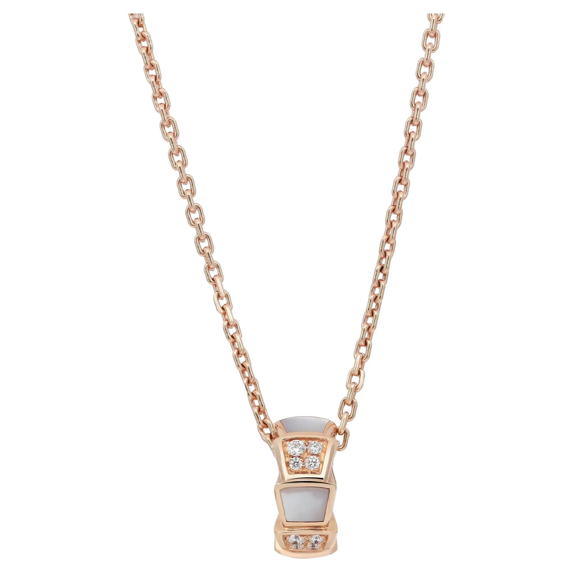 Bvlgari Serpenti Viper Diamond & Mother Of Pearl Pendant Necklace 18K Rose Gold