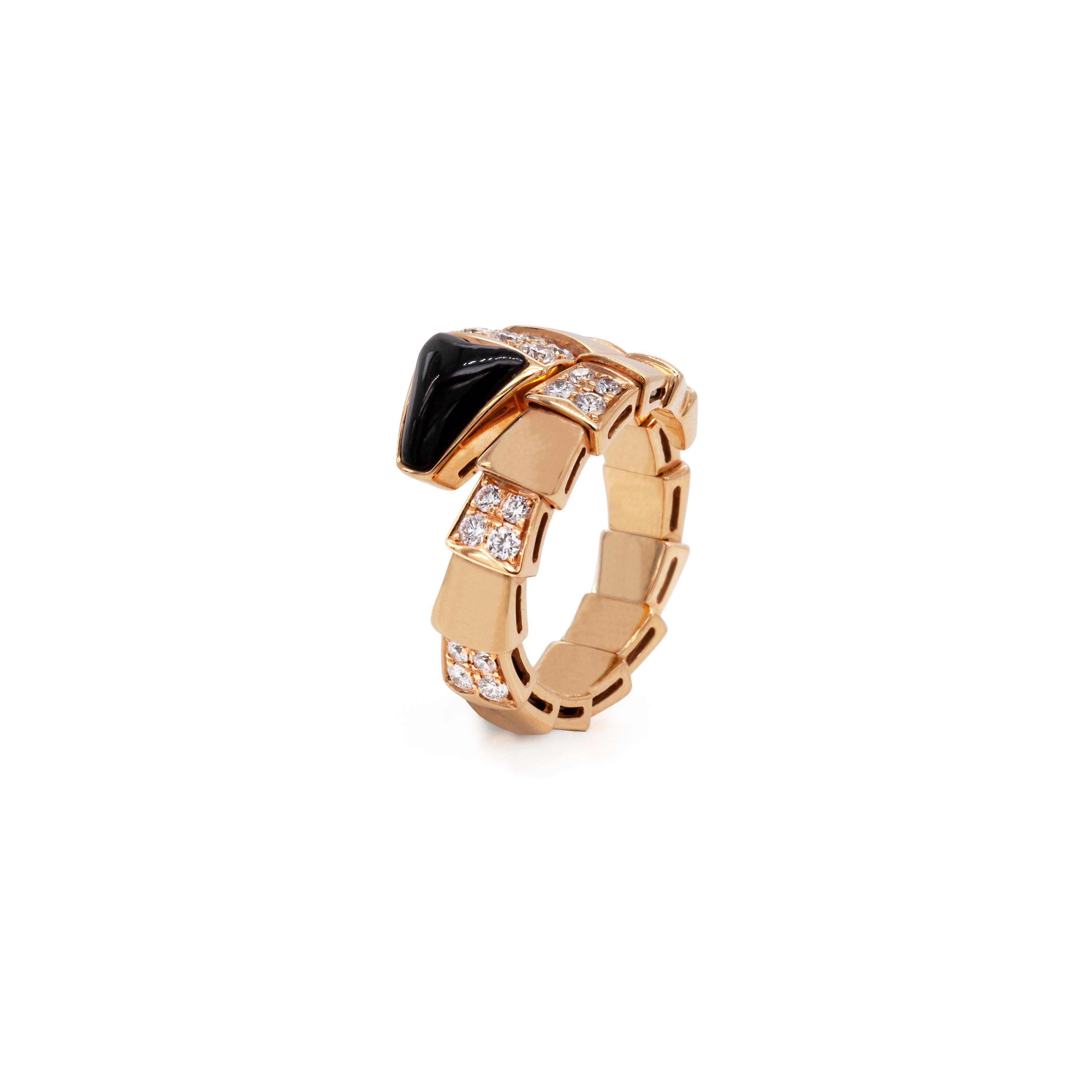 Night or day, there is no occasion that this striking diamond-set Viper ring from Bulgari's iconic Serpenti Collection isn't perfect for.

This signature Viper ring is designed to beautifully coil around the finger in true serpent style. It's
