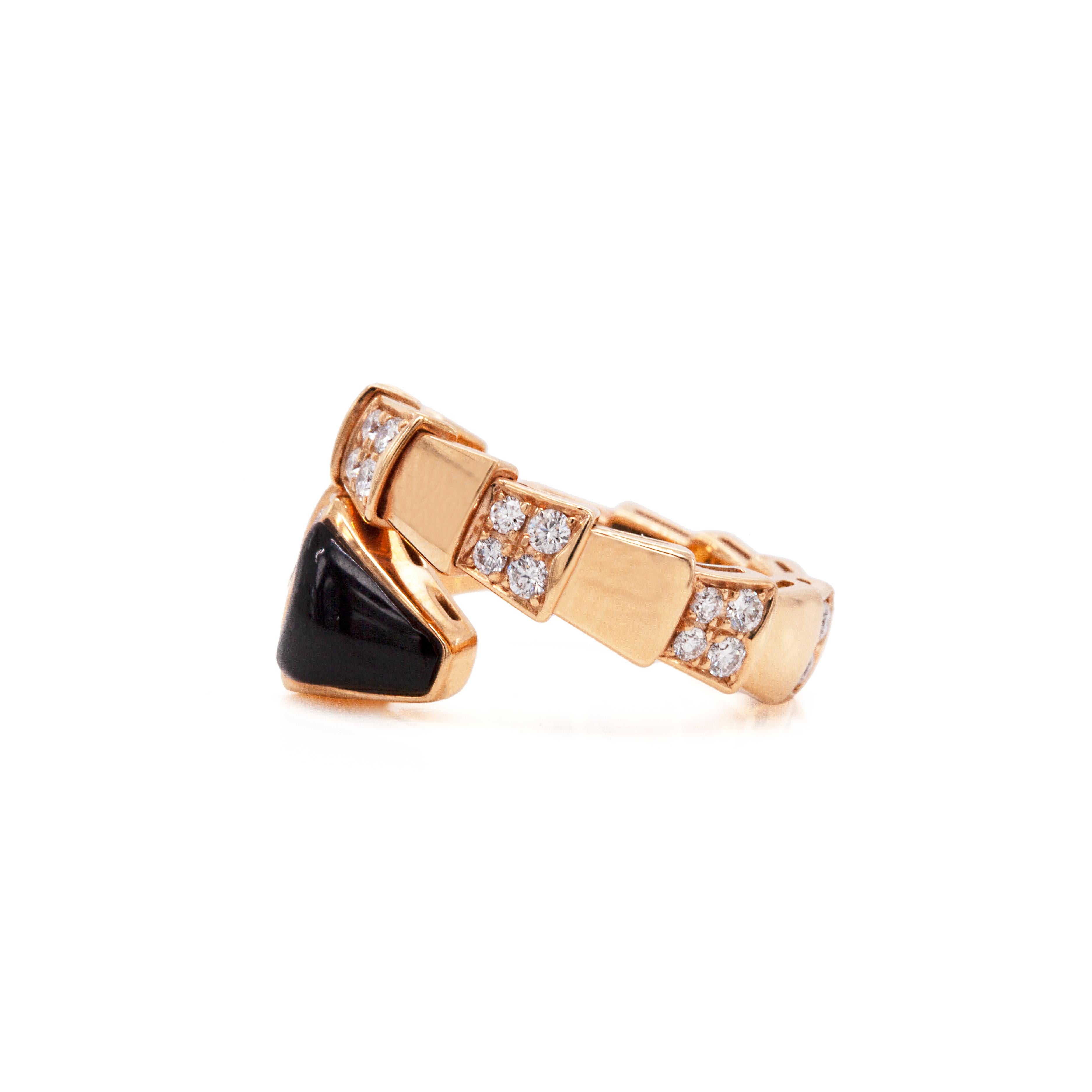 Modern BVLGARI Serpenti Viper Diamond & Onyx 18 Carat Rose Gold One-Coil Crossover Ring
