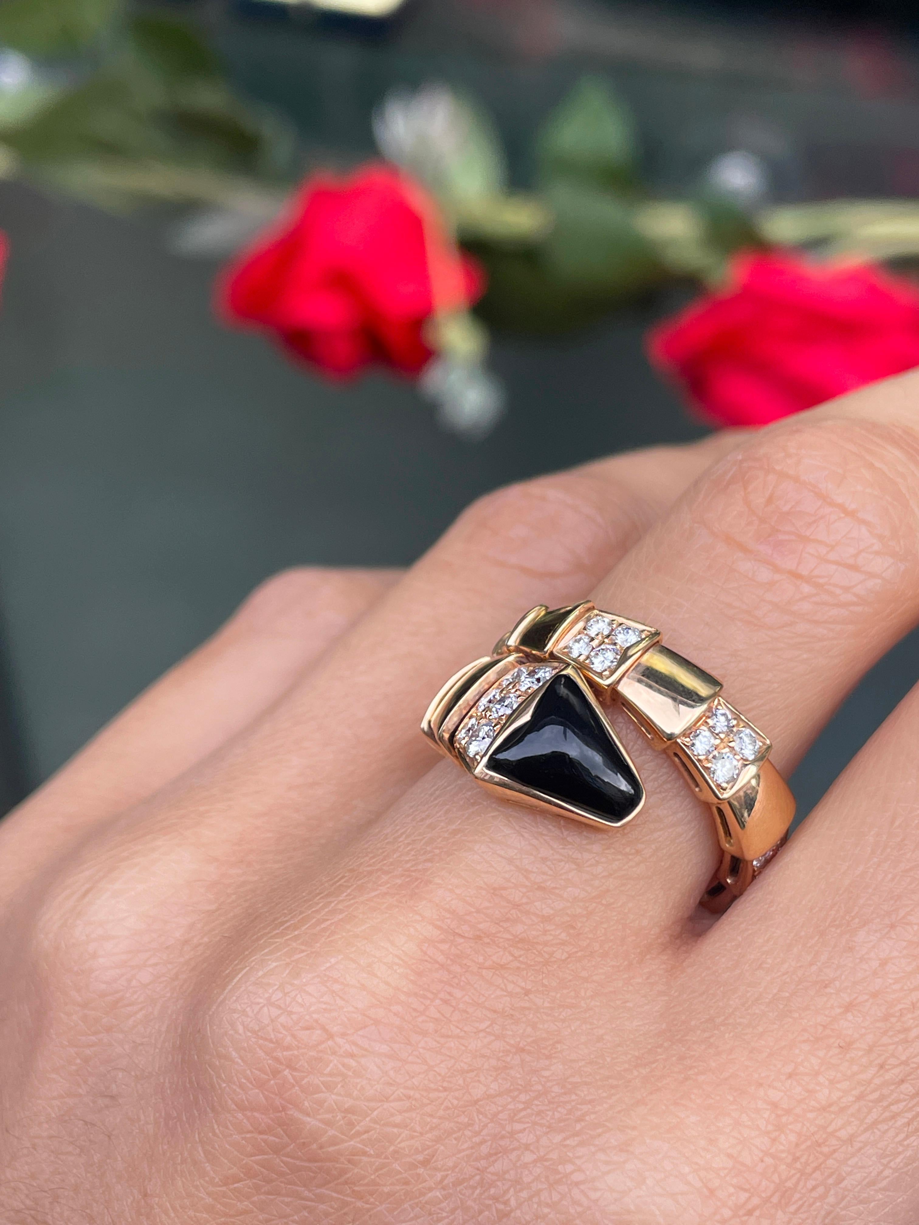 Women's or Men's BVLGARI Serpenti Viper Diamond & Onyx 18 Carat Rose Gold One-Coil Crossover Ring