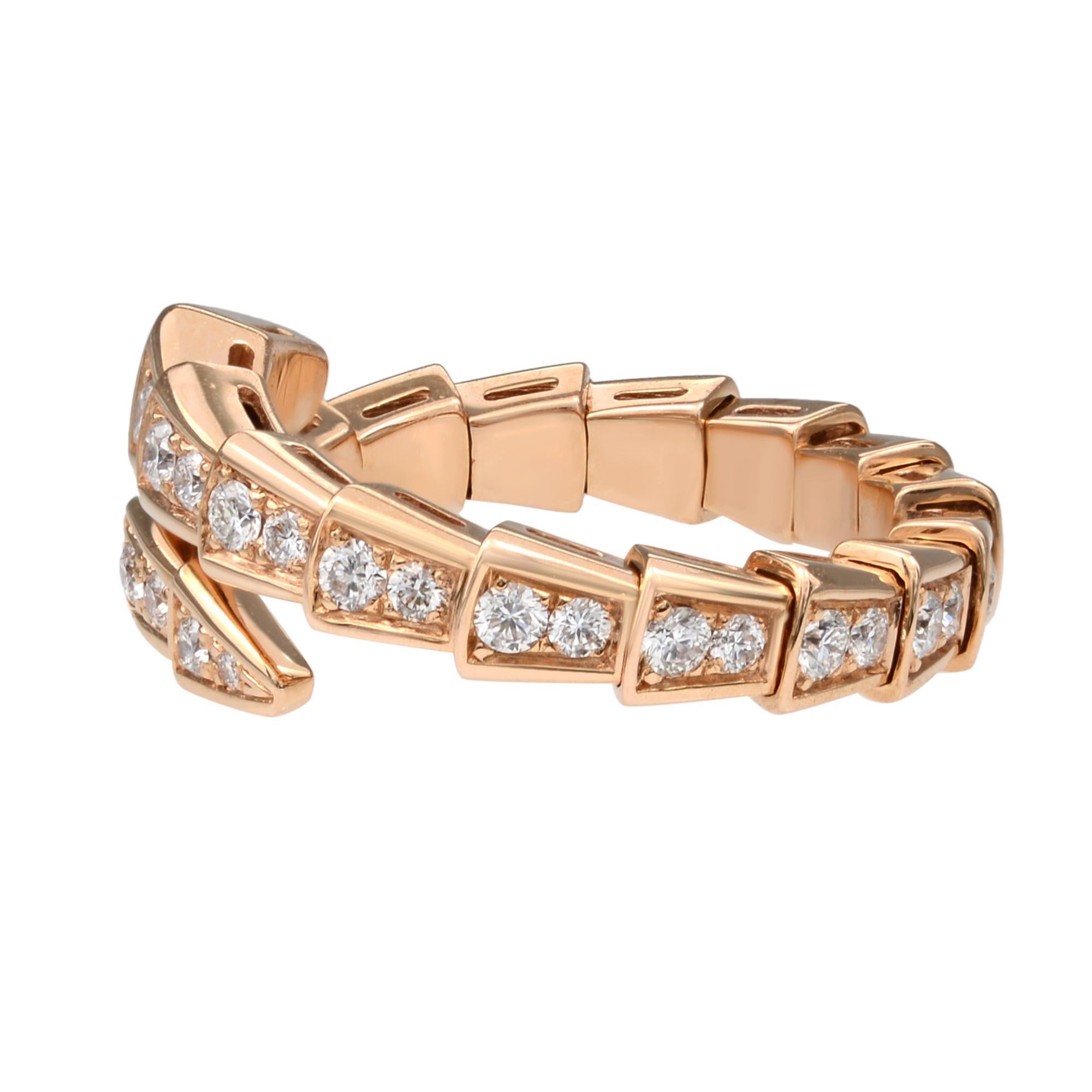 Bvlgari Serpenti Viper Round Cut Diamond Ring. This beautiful jewelry piece coils around the finger and stands out thanks to the precious beauty of the scales and the distinctive sinuosity of the snake. The ring is crafted in 18K rose gold and set