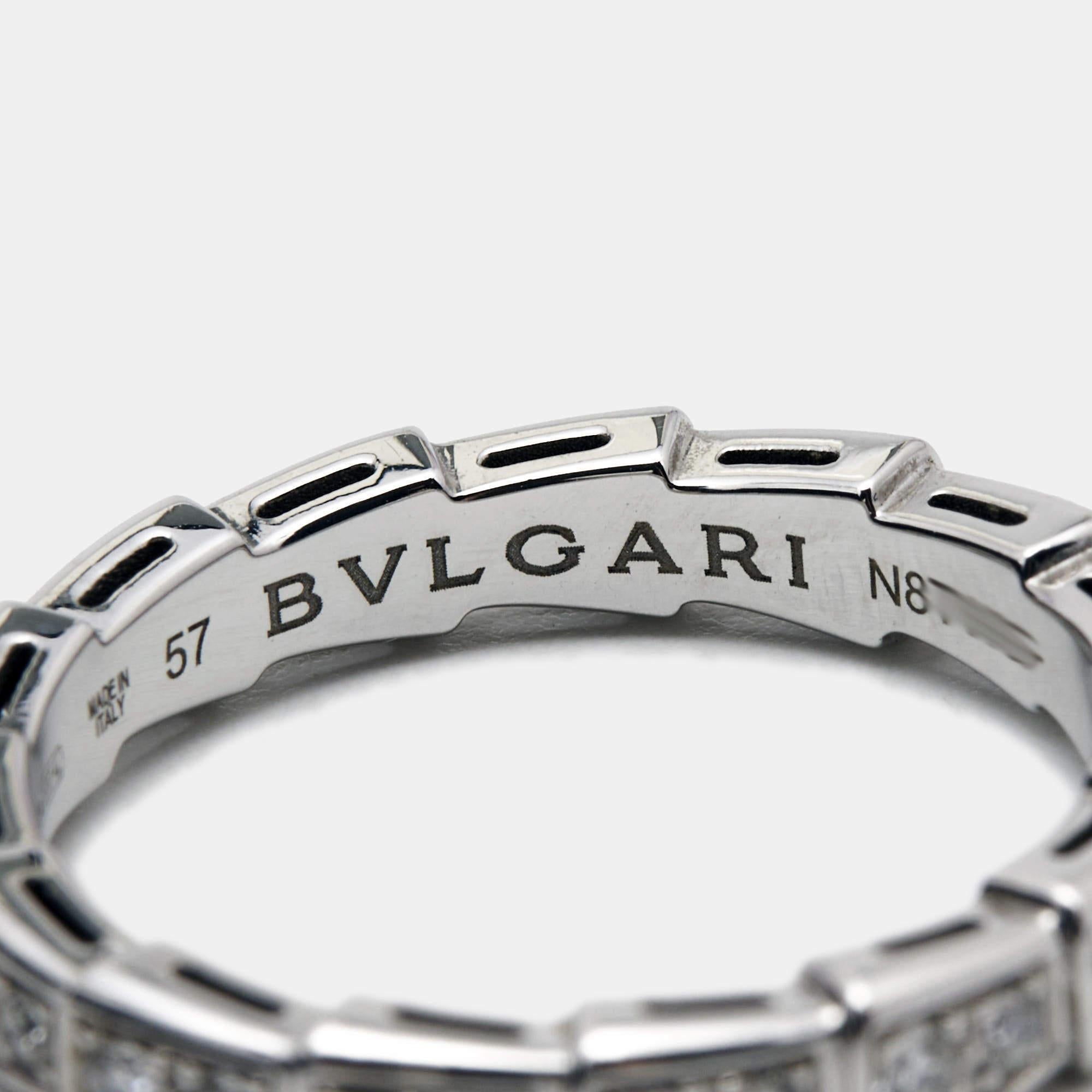 Uncut Bvlgari Serpenti Viper Diamonds 18k White Gold Ring Size 57
