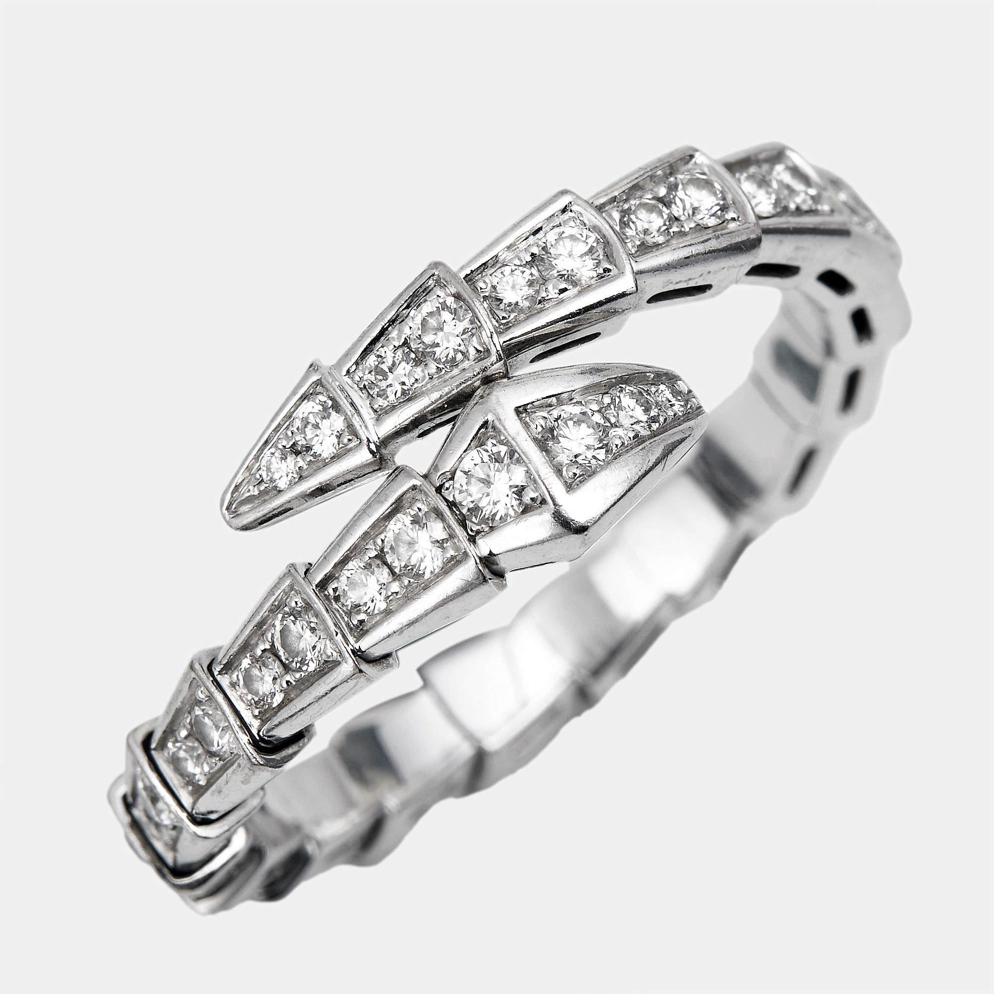 Inspired by the viper's spiral movements this stunning Bvlgari Serpenti Viper ring will wrap sensually around your finger. Distinguished by the alluring beauty of the vipers scales this 18K white gold ring highlights the entire design with