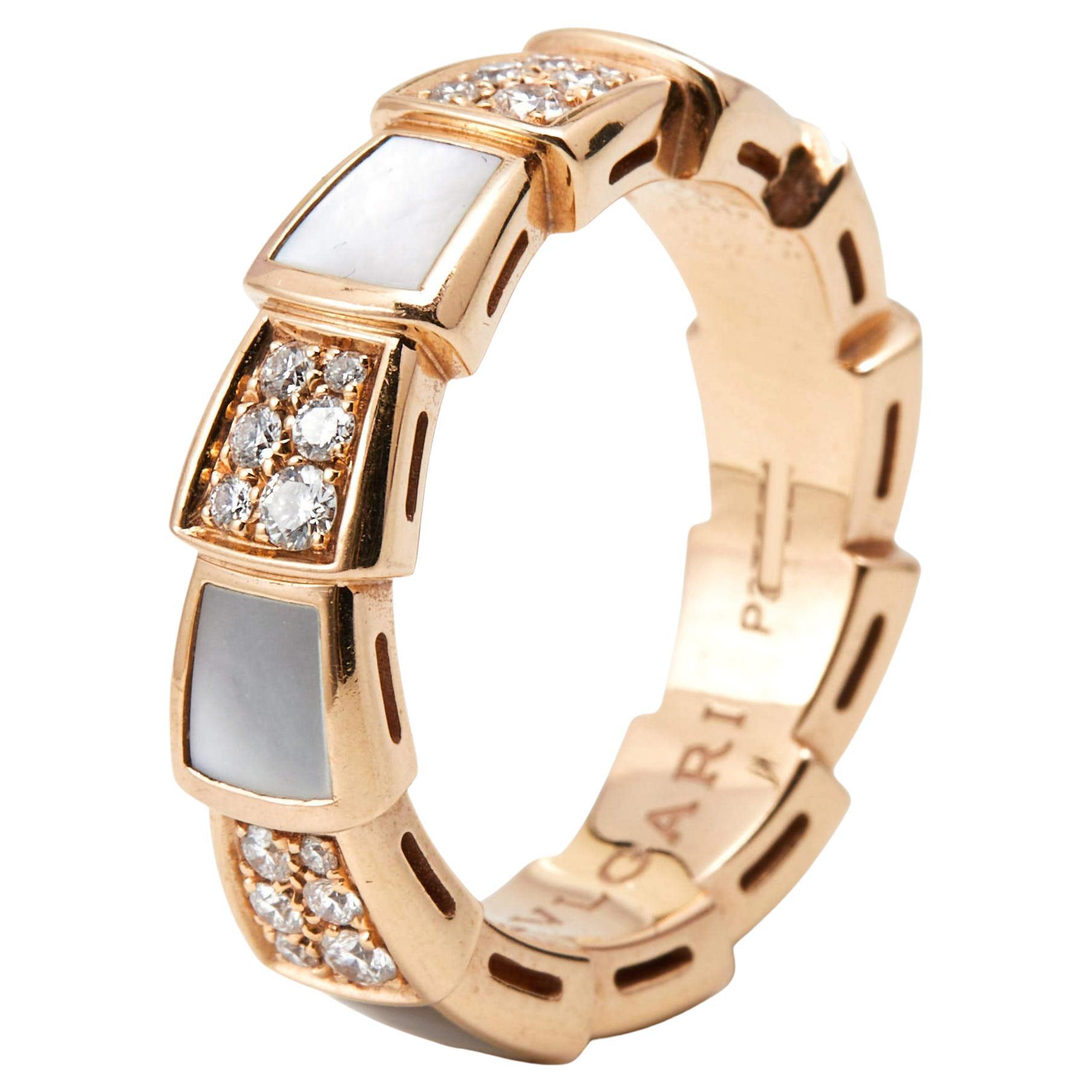 Bvlgari Serpenti Viper Mother of Pearl Diamonds 18k Rose Gold Ring Size 52
