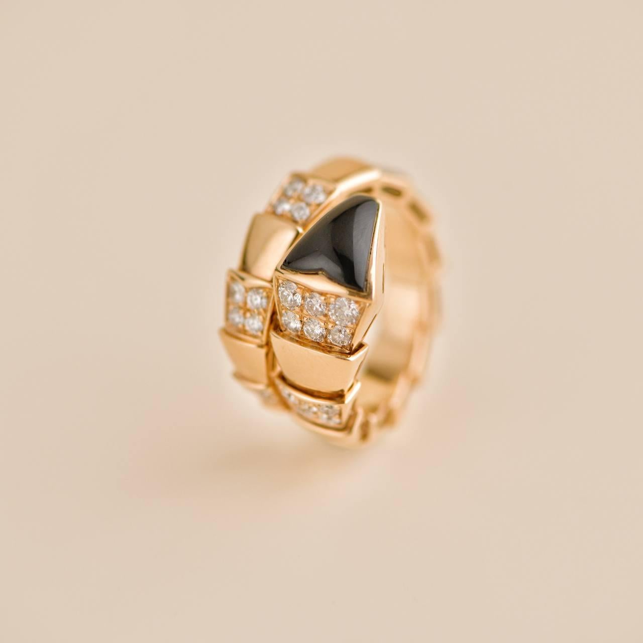Brilliant Cut Bvlgari Serpenti Viper One coil 18K Rose Gold Onyx & Diamond Ring Size M