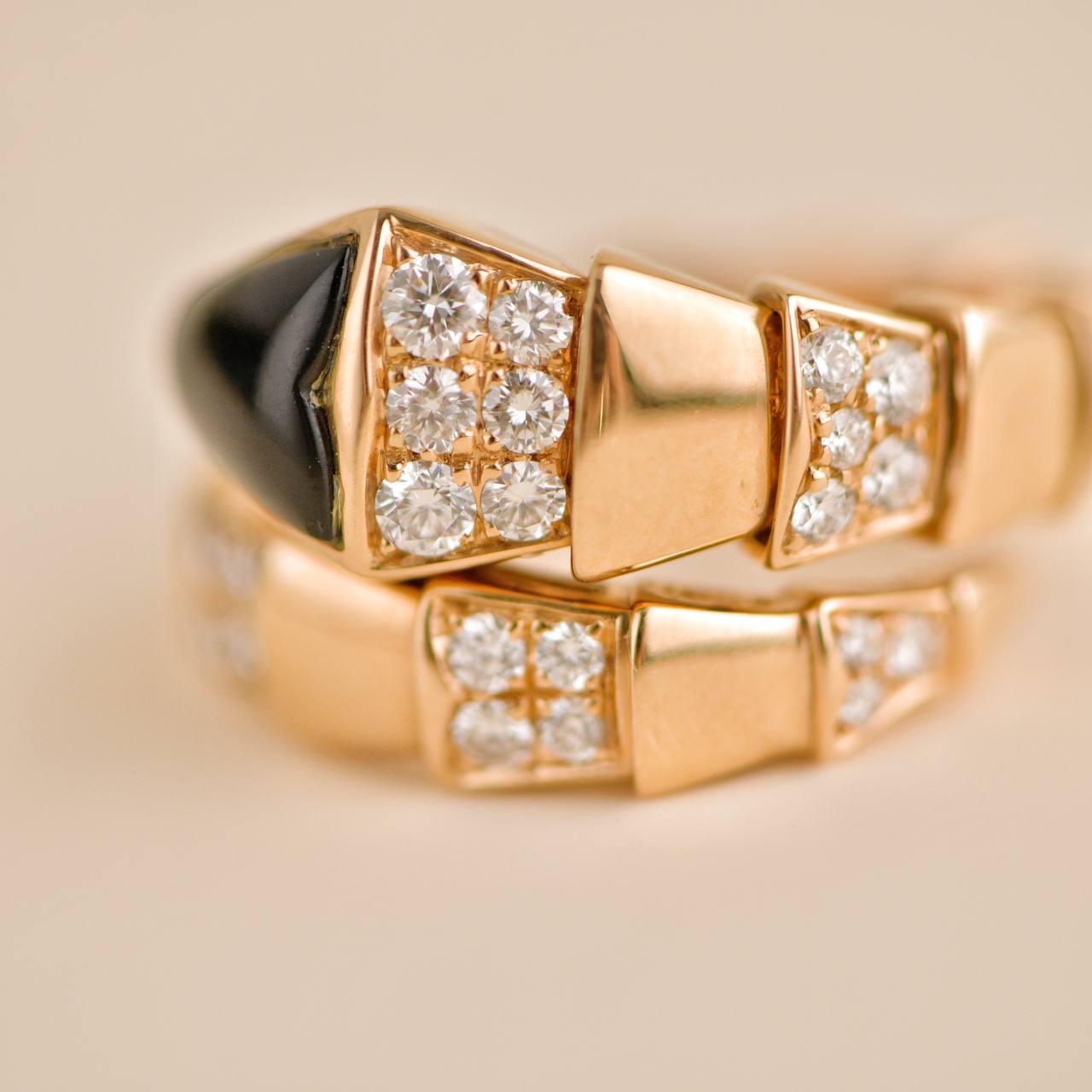Bvlgari Serpenti Viper One coil 18K Rose Gold Onyx & Diamond Ring Size M In Excellent Condition In Banbury, GB