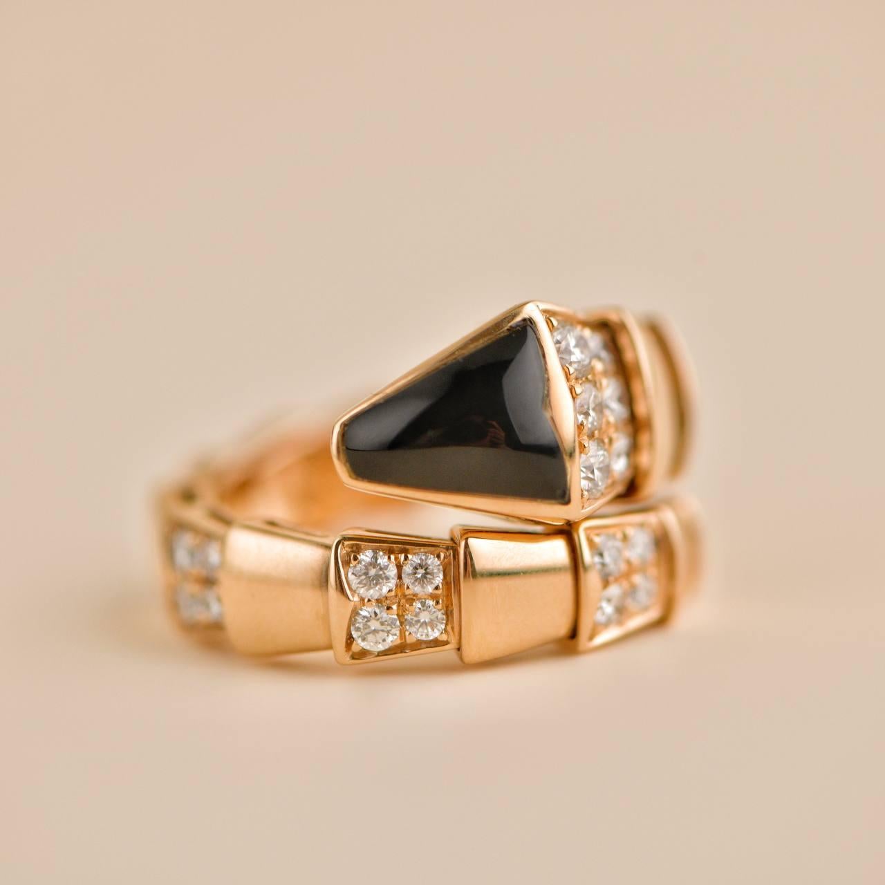 Women's or Men's Bvlgari Serpenti Viper One coil 18K Rose Gold Onyx & Diamond Ring Size M