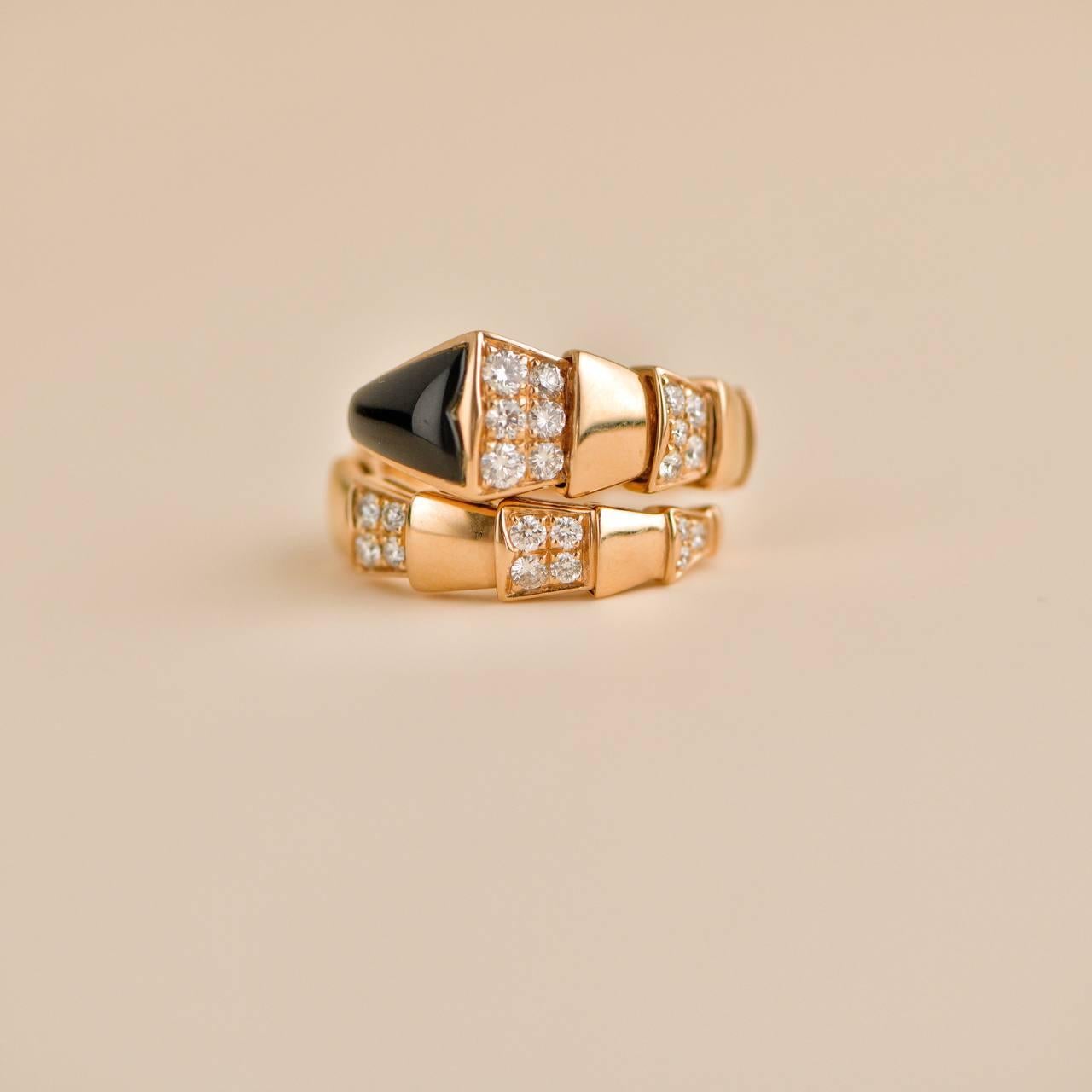 Bvlgari Serpenti Viper One coil 18K Rose Gold Onyx & Diamond Ring Size M 1