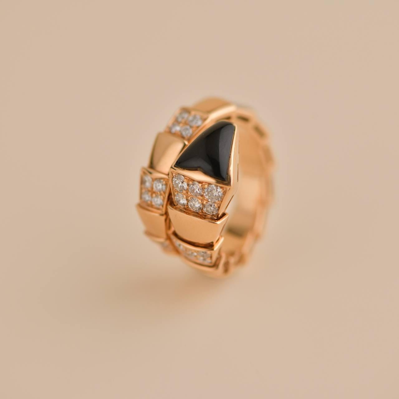 Bvlgari Serpenti Viper One coil 18K Rose Gold Onyx & Diamond Ring Size M 2