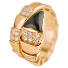Bvlgari Serpenti Viper One coil 18K Rose Gold Onyx & Diamond Ring Size M