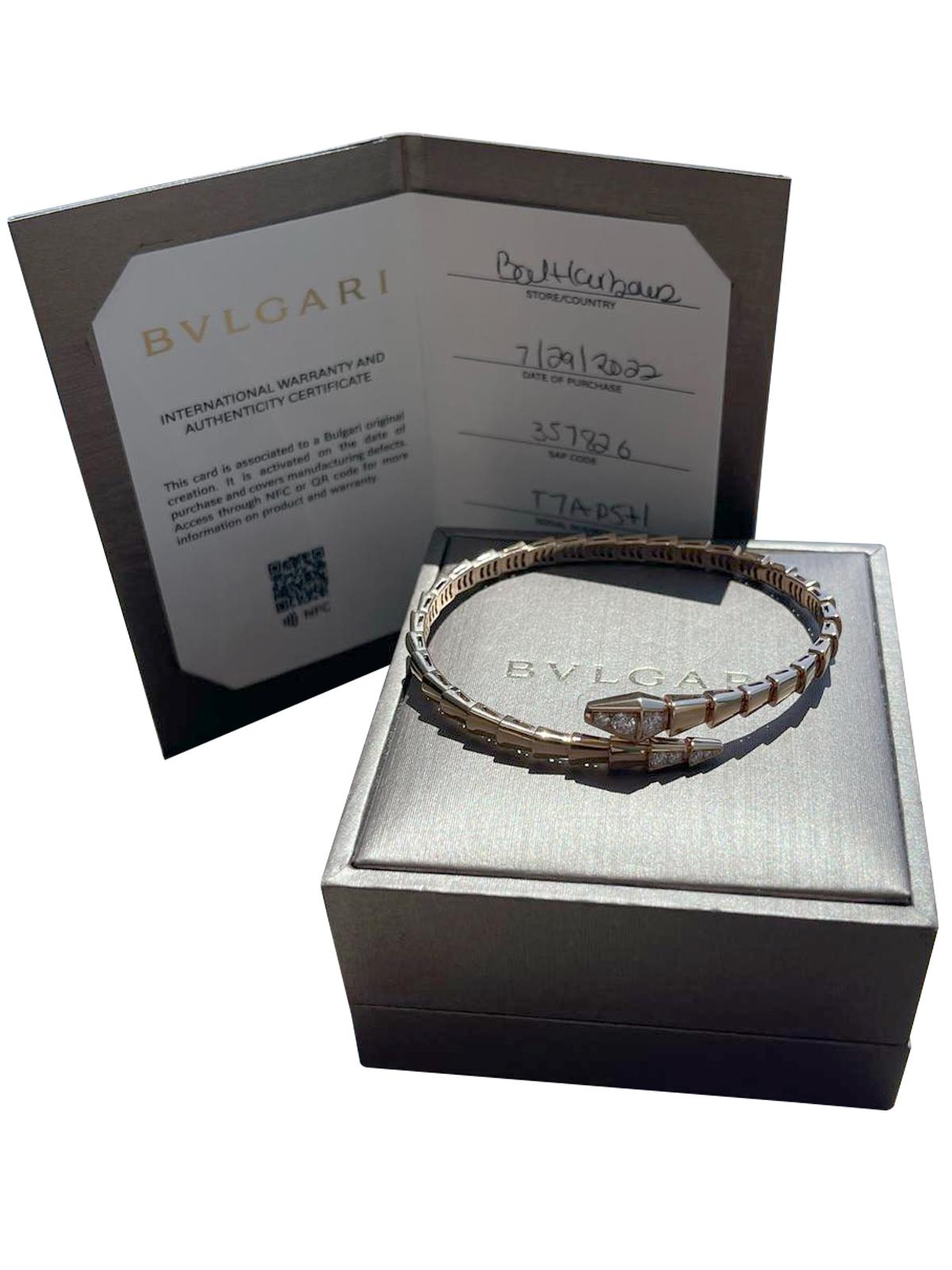 Modernist Bvlgari Serpenti Viper One-Coil 18K Rose Gold Pave Diamonds Bracelet For Sale