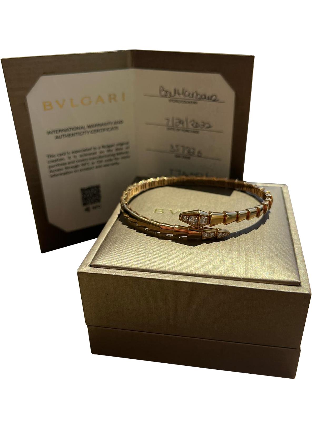 Round Cut Bvlgari Serpenti Viper One-Coil 18K Rose Gold Pave Diamonds Bracelet For Sale