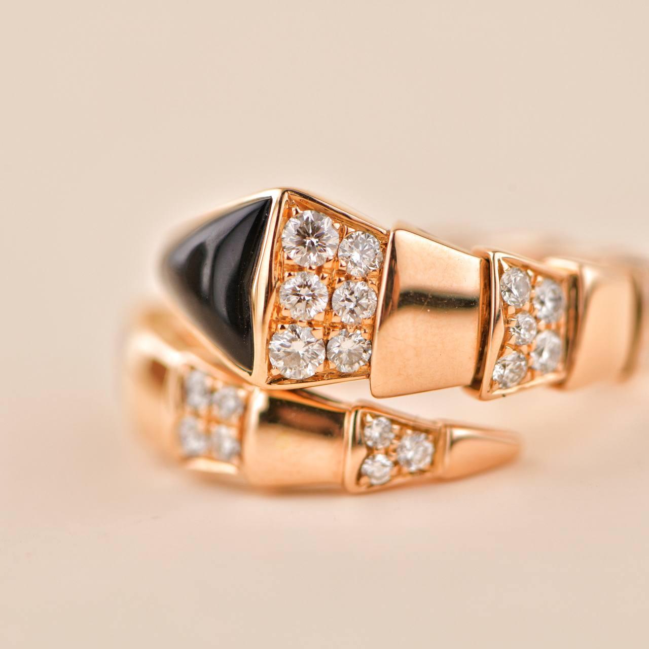 Bvlgari Serpenti Viper One-Coil Rose Gold Onyx & Diamond Ring Size M In Excellent Condition In Banbury, GB