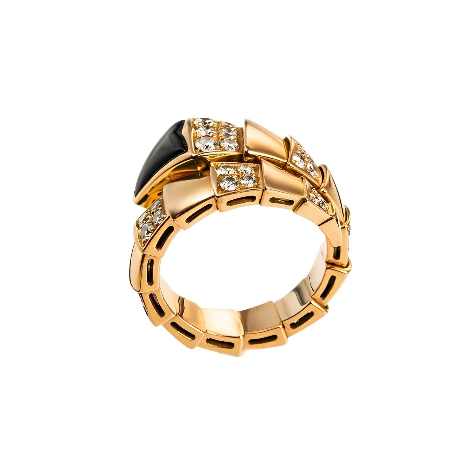Women's or Men's Bvlgari Serpenti Viper One-coil Rose Gold Onyx & Diamond Ring Size M